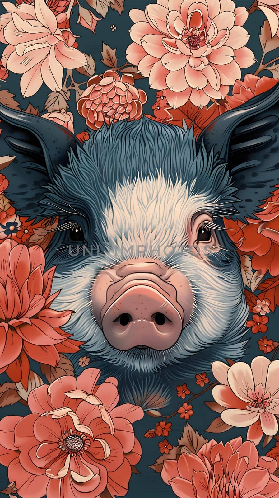 A pig painting among pink flowers, blending nature and art beautifully by Nadtochiy
