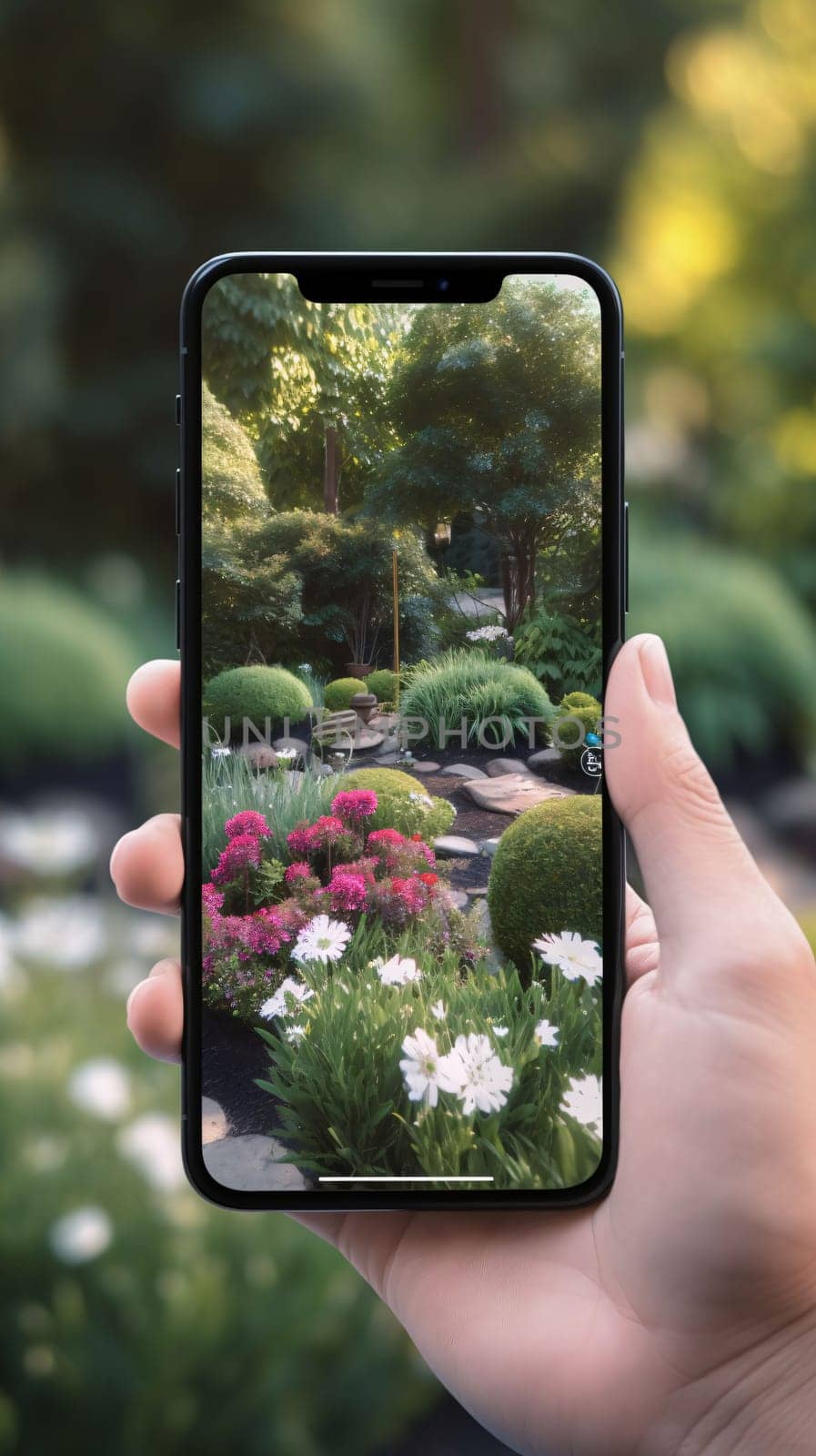 Smartphone screen: Taking photo on smart phone concept: hand holding smartphone with flower garden background