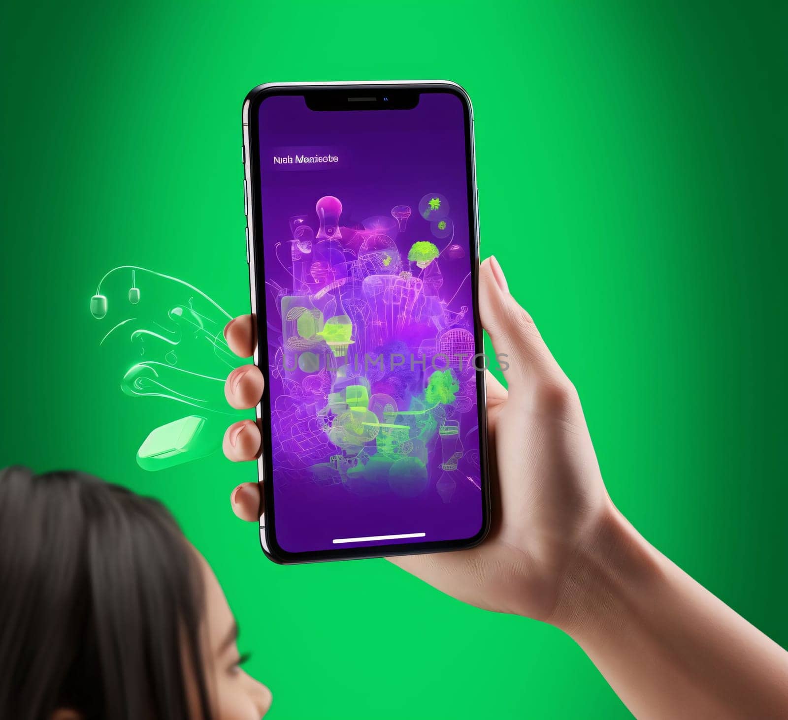 Smartphone screen: Woman holding smartphone with social media app on the screen. Green background