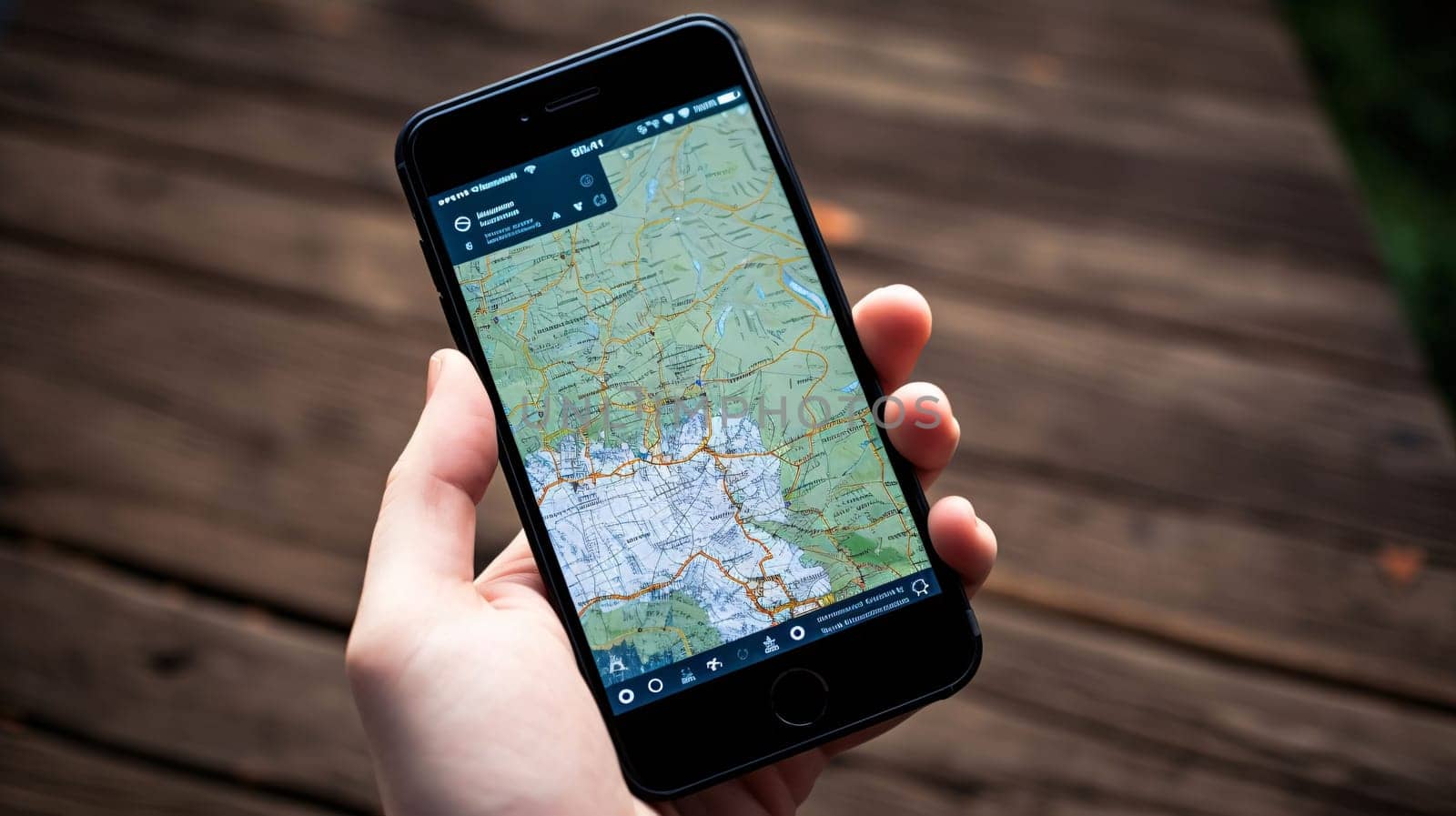 female hand holding a smartphone with a map on the screen on a wooden background by ThemesS