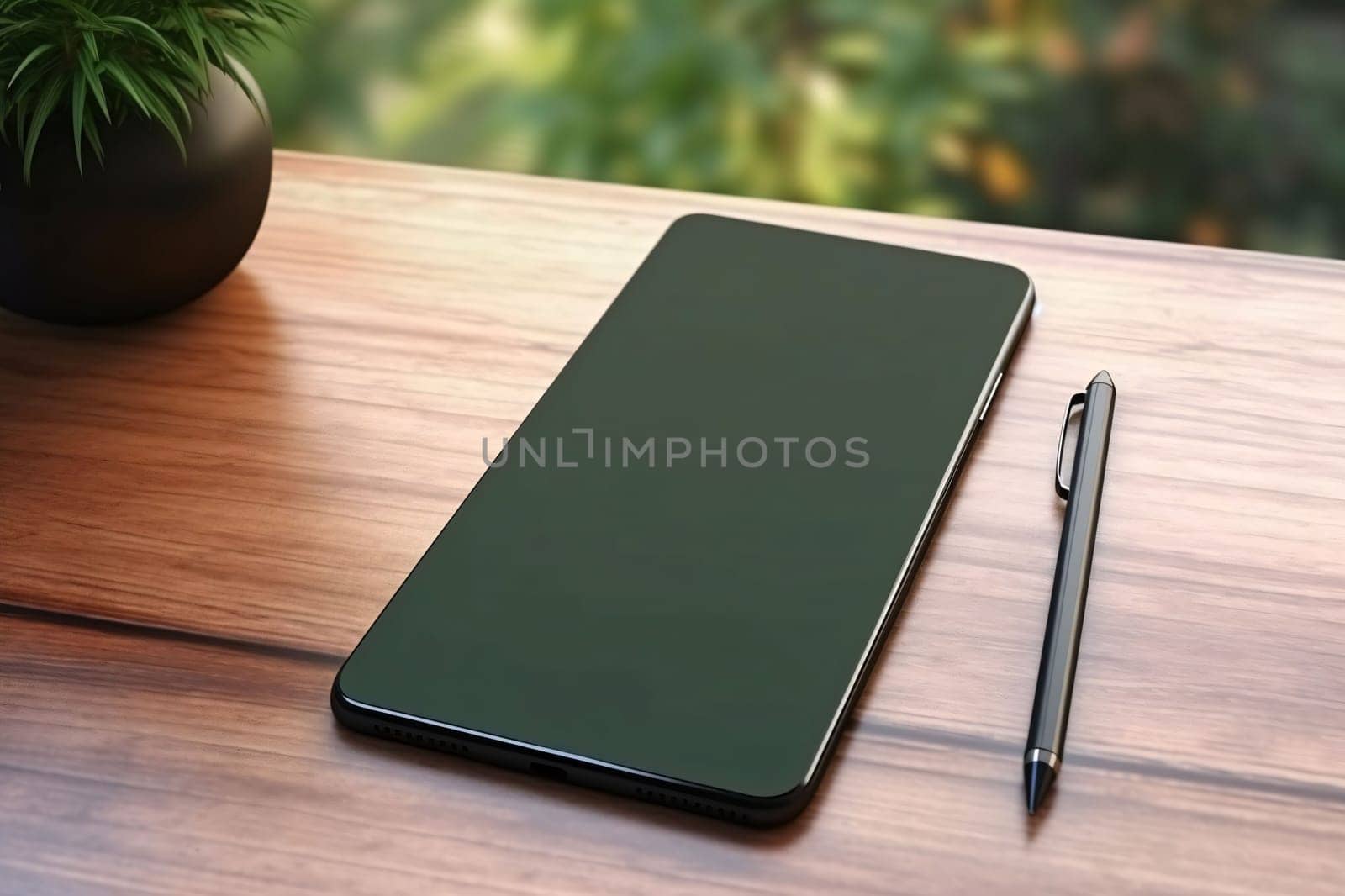 Smartphone screen: Smartphone with blank screen and pen on wooden table, closeup