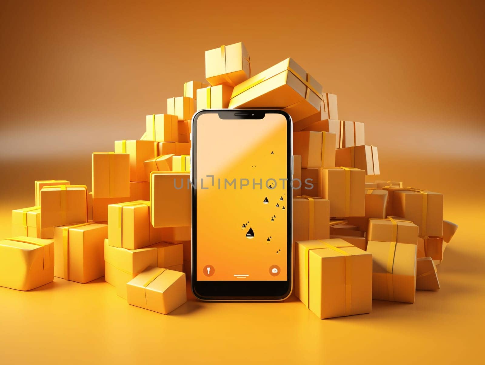 3d rendering of a mobile phone with boxes on a orange background by ThemesS