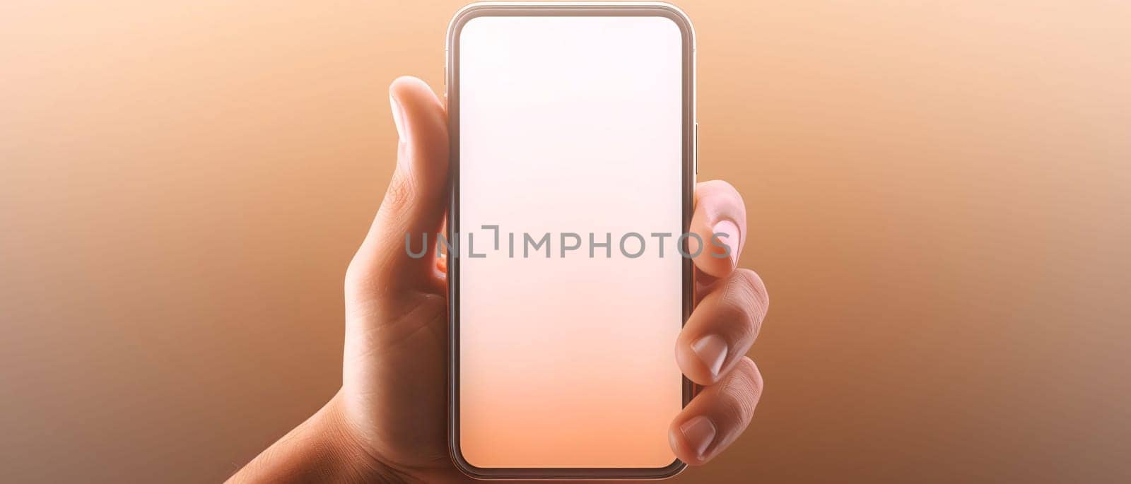 Smartphone screen: Female hand holding smartphone with blank screen on orange background. Mock up
