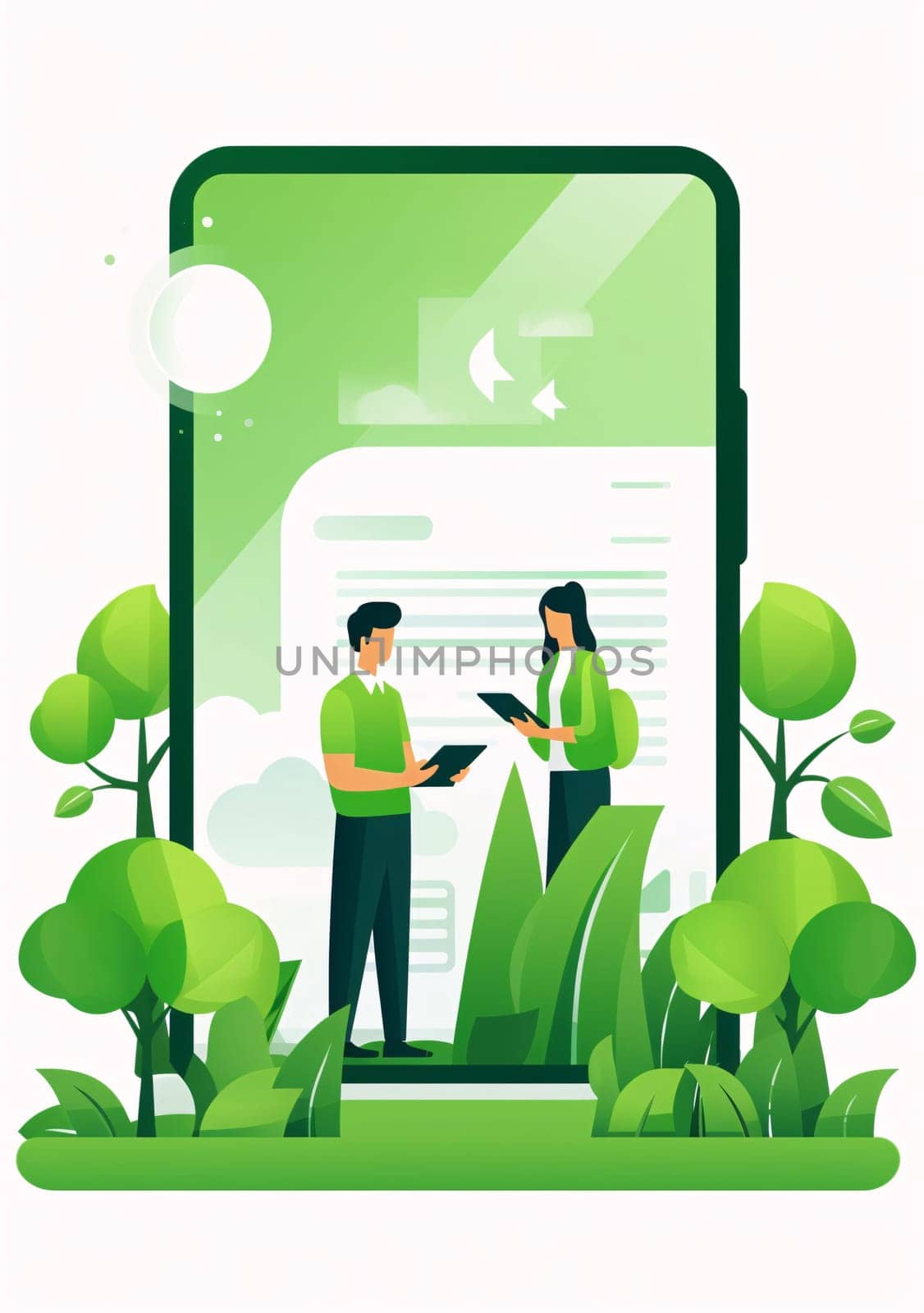 Smartphone screen: Vector illustration of a man and a woman standing in front of a smartphone.