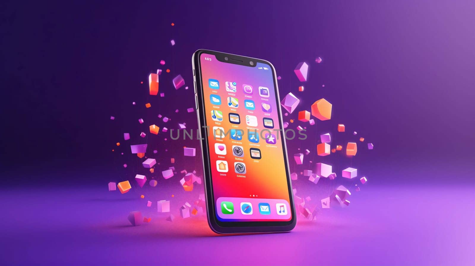 3d render of smartphone with colorful application icons on violet background. by ThemesS