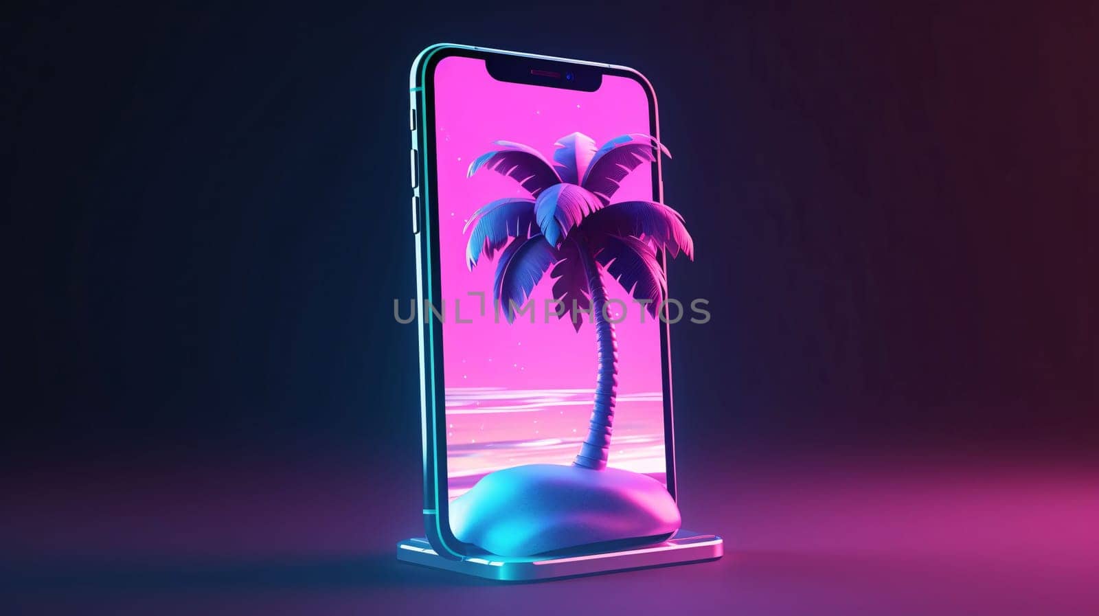 Mobile phone with palm trees on the screen. 3D Rendering by ThemesS