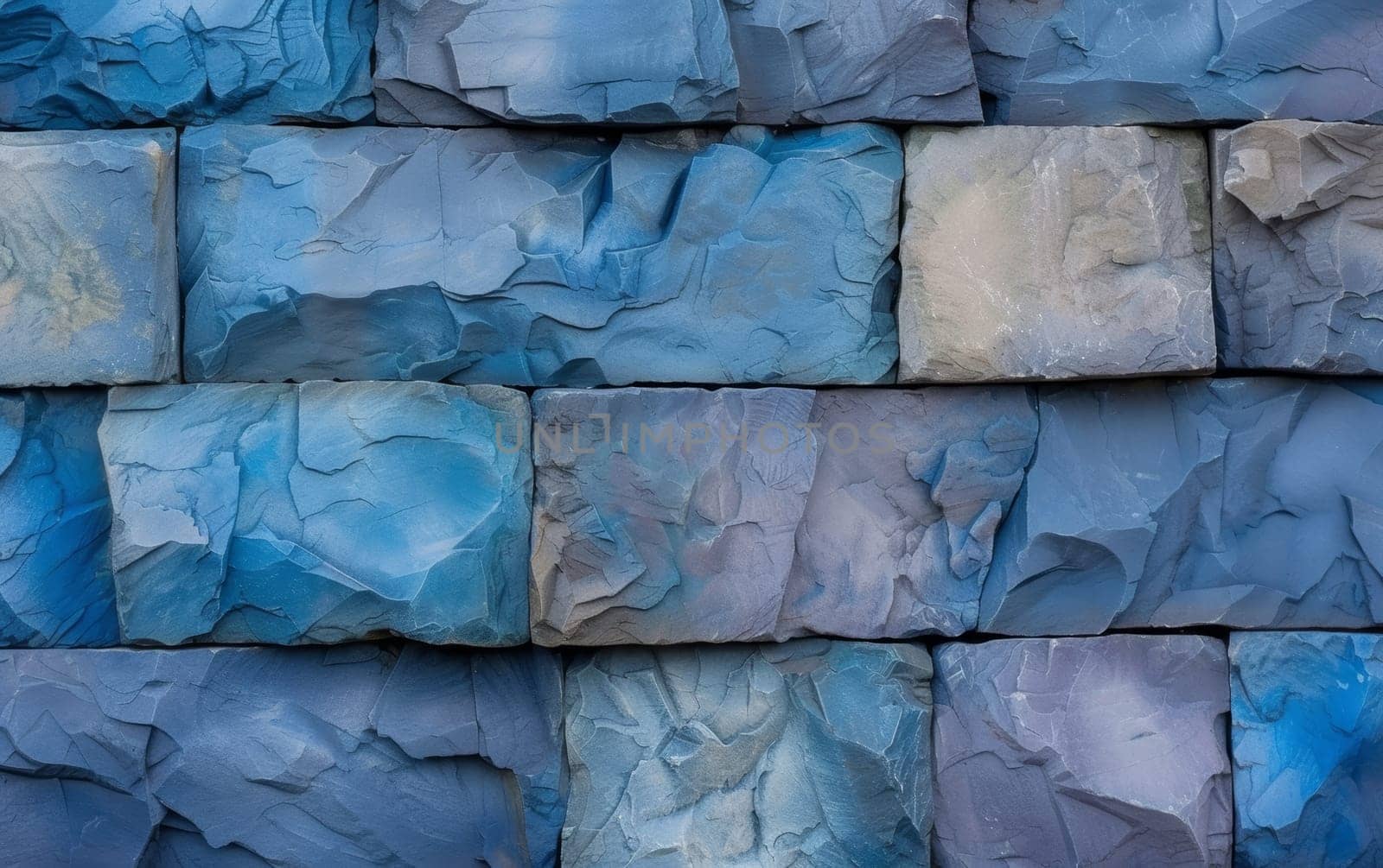 Close-up view of a wall made of irregularly shaped stones in various shades of blue. by sfinks