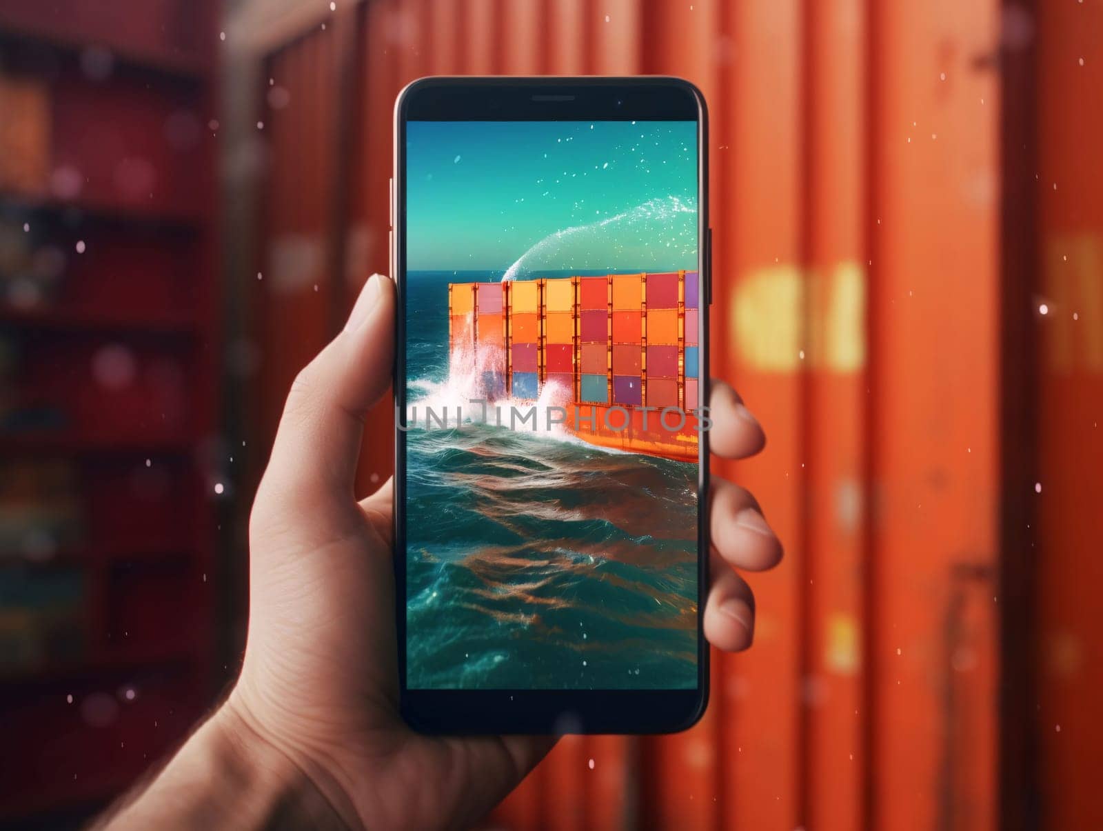 Smartphone in hand with container cargo freight ship in the background. by ThemesS