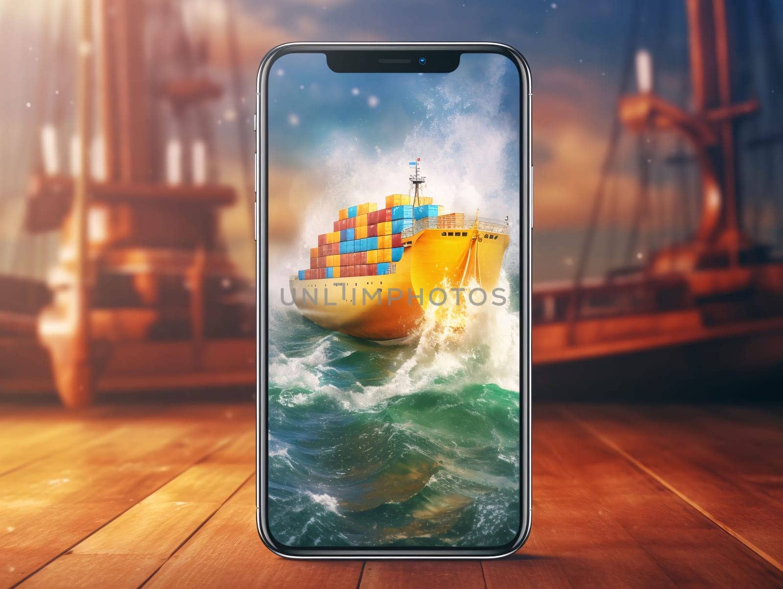 Smartphone screen: Smartphone with cargo ship on screen. Shipping and logistics concept.