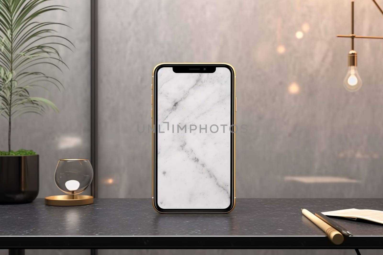 Smartphone with blank screen on table in modern room. Mock up, 3D Rendering by ThemesS