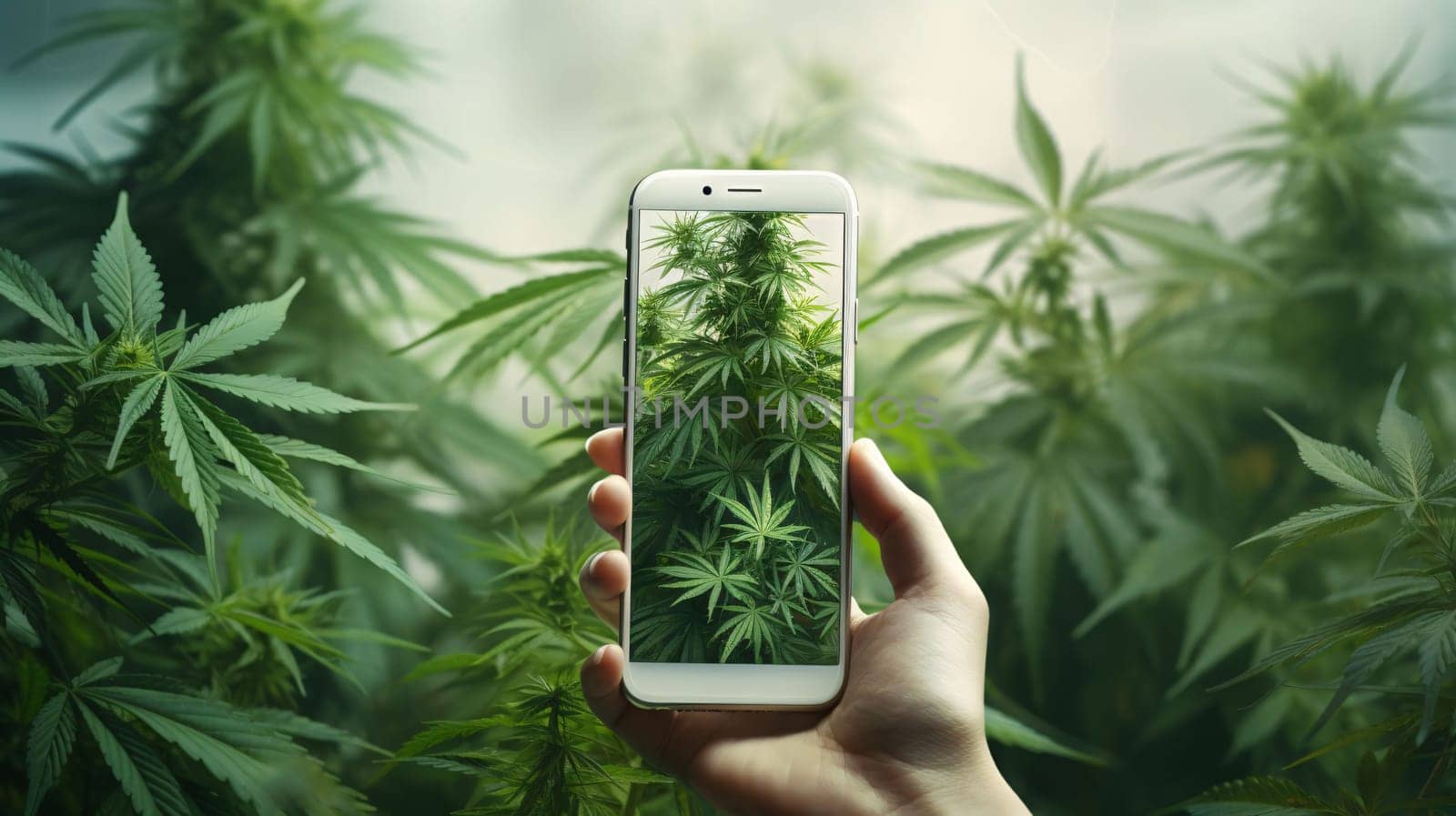 Hand holding smartphone taking photo of cannabis plant on blurred background. Cannabis legalization concept. by ThemesS