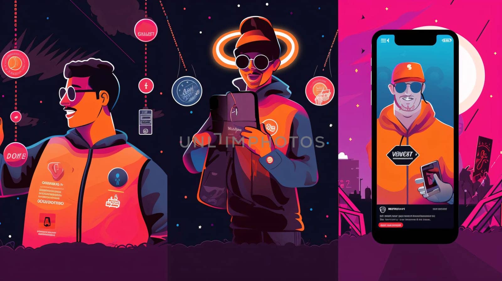 Smartphone screen: Hipster men in outer space, cartoon vector illustration. Mobile application mockup.