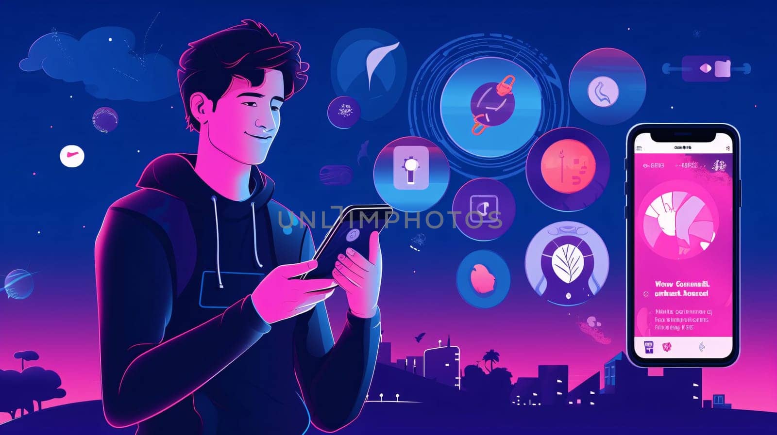 Smartphone screen: Vector illustration of a young man with a smartphone in his hands.
