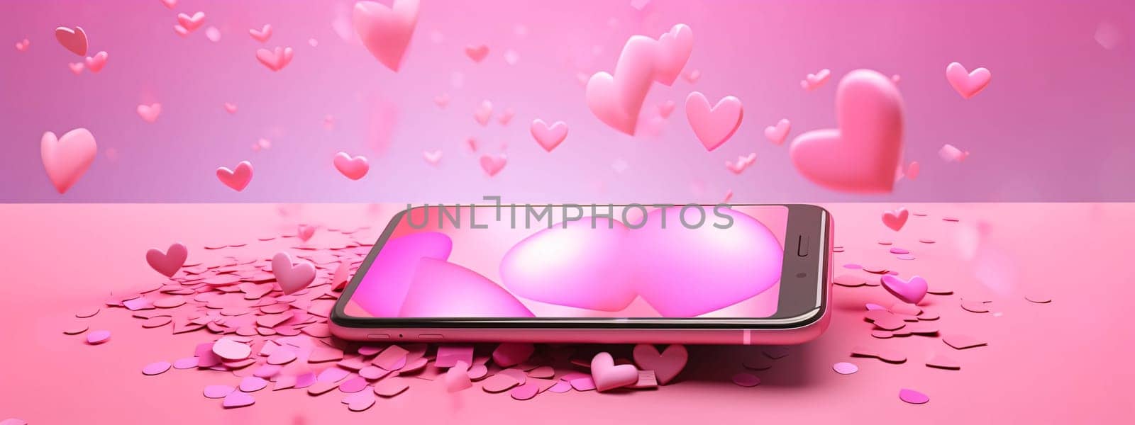 Smartphone screen: Smartphone with pink hearts on a pink background. 3D rendering