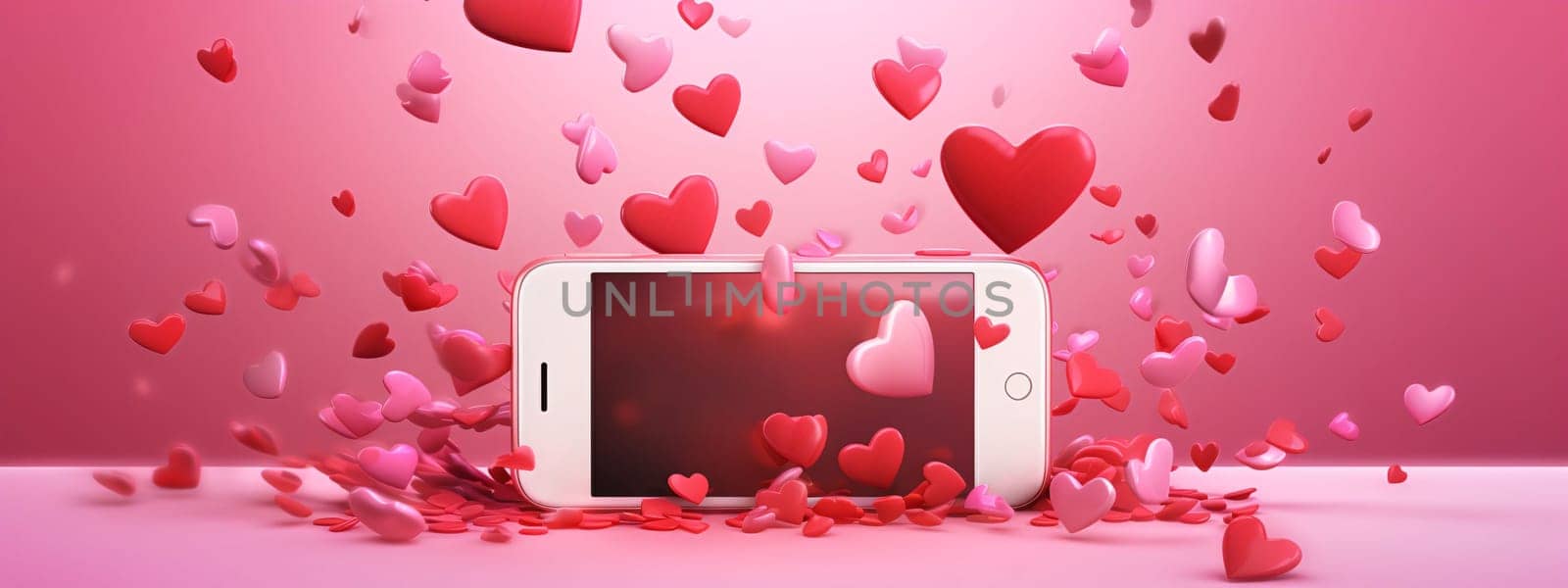 Smartphone screen: Mobile phone with red hearts flying out of the screen. 3D rendering