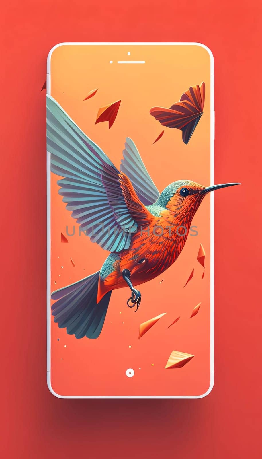 Smartphone screen: Smartphone with flying hummingbird and autumn leaves. Vector illustration.