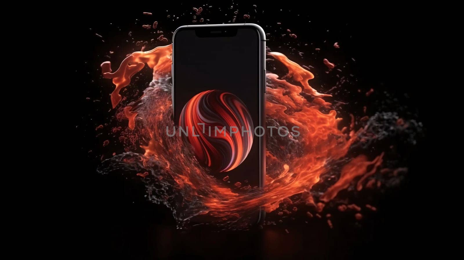 Smartphone screen: smartphone in fire with a red sphere on a black background.