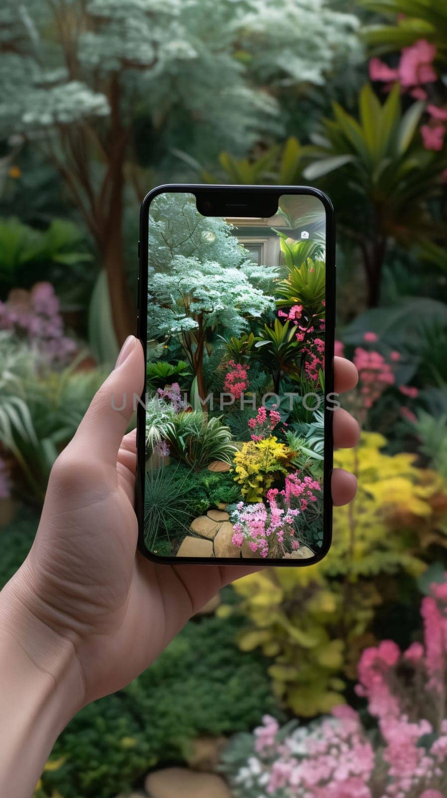 Taking photo on smart phone concept. Hand holding smartphone with blurred garden background. by ThemesS