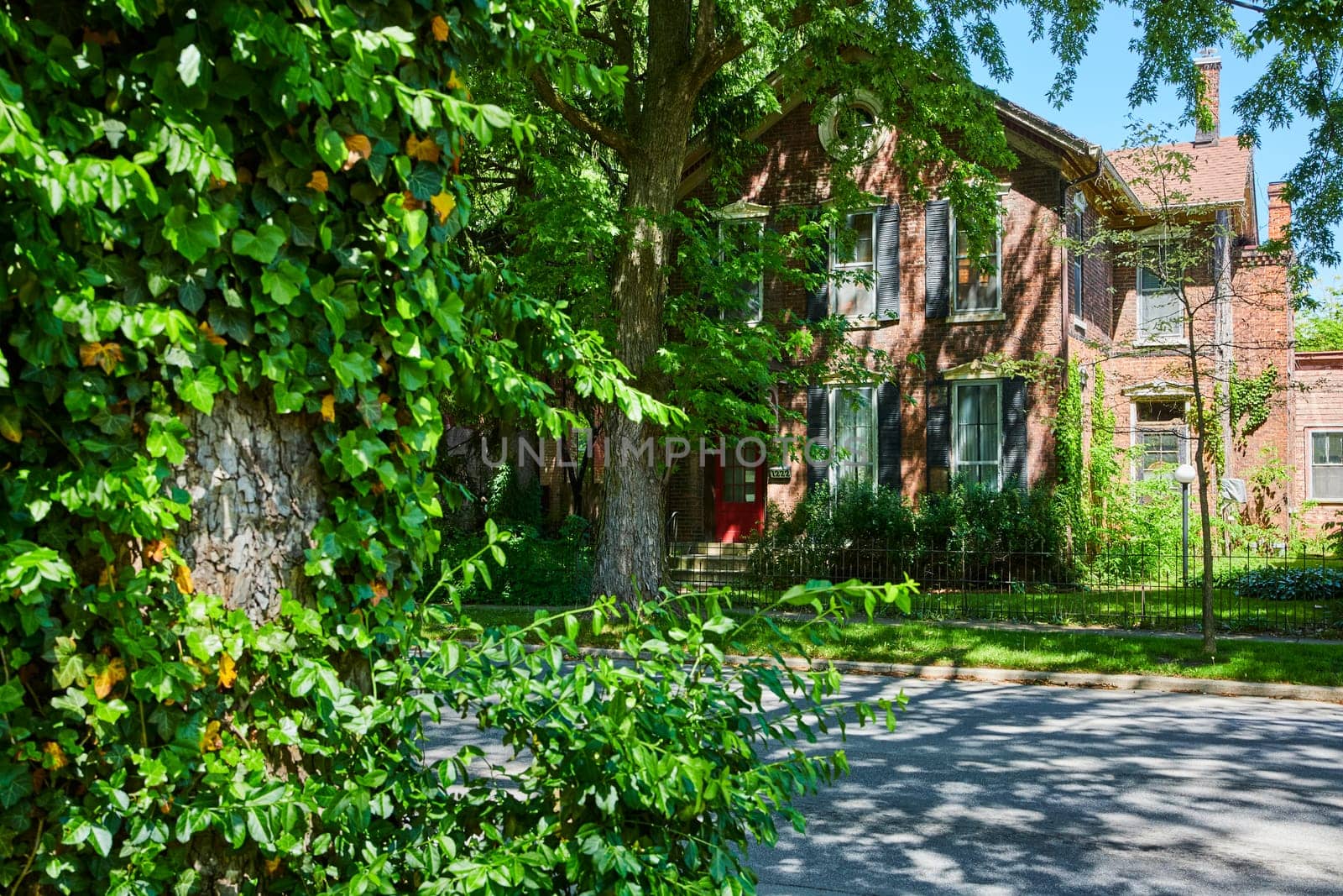 Historic Victorian house in Fort Wayne, embraced by lush greenery, symbolizing serene suburban life.