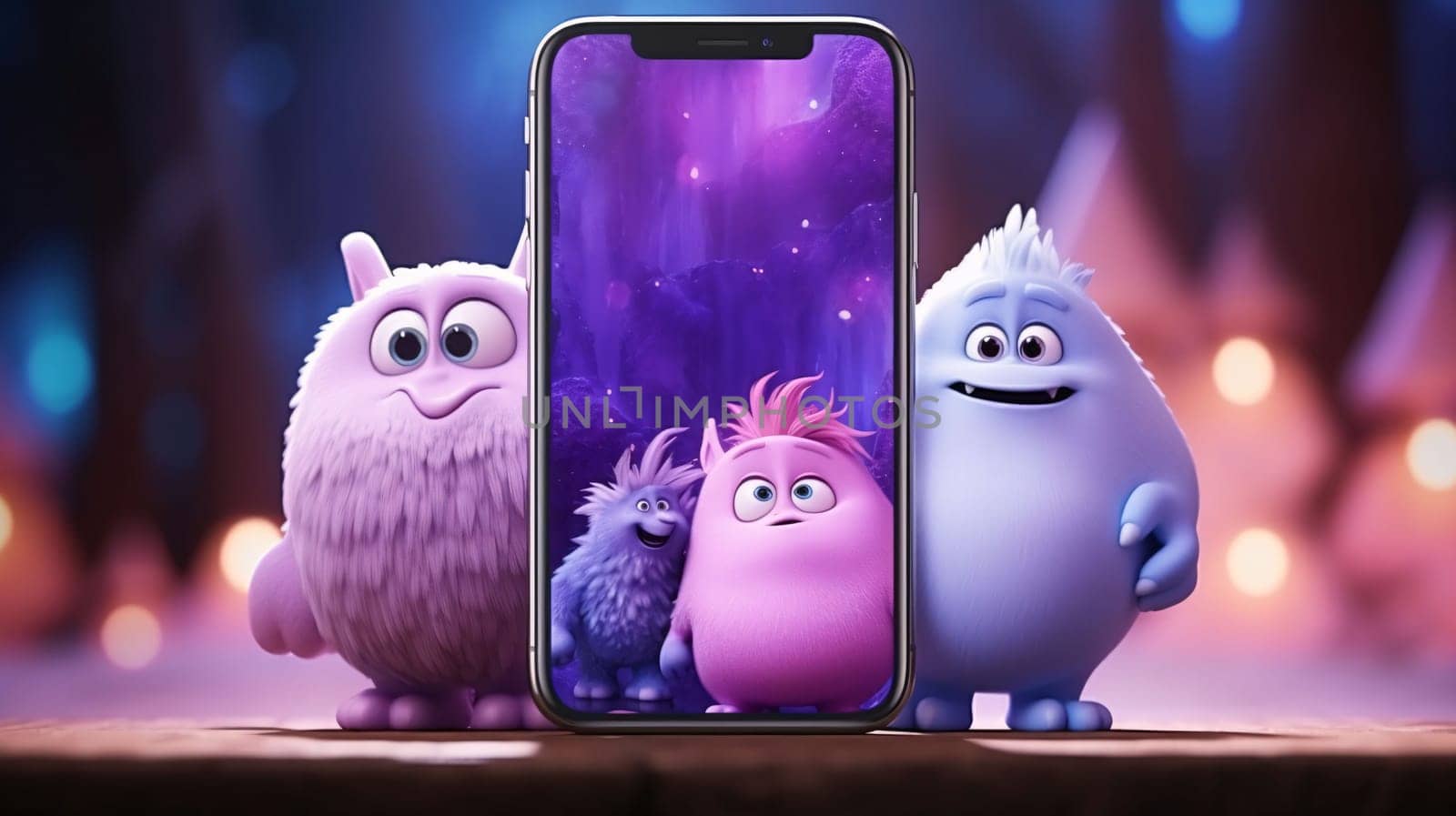 Smartphone screen: Smartphone with purple monsters on the background of the night city.