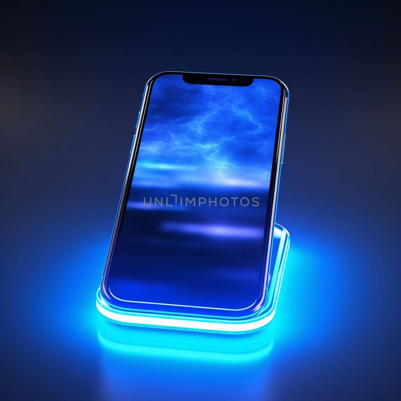 Smartphone screen: Smartphone with blue neon light, 3D rendering. Computer digital drawing.