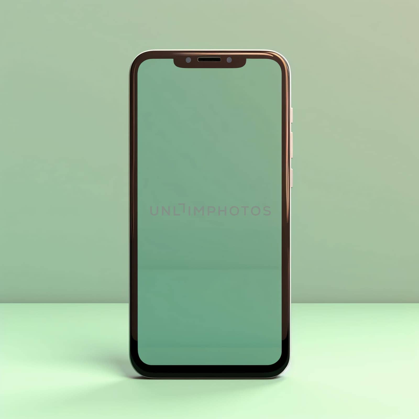 Smartphone screen: Smartphone with blank screen on green background. 3D rendering.