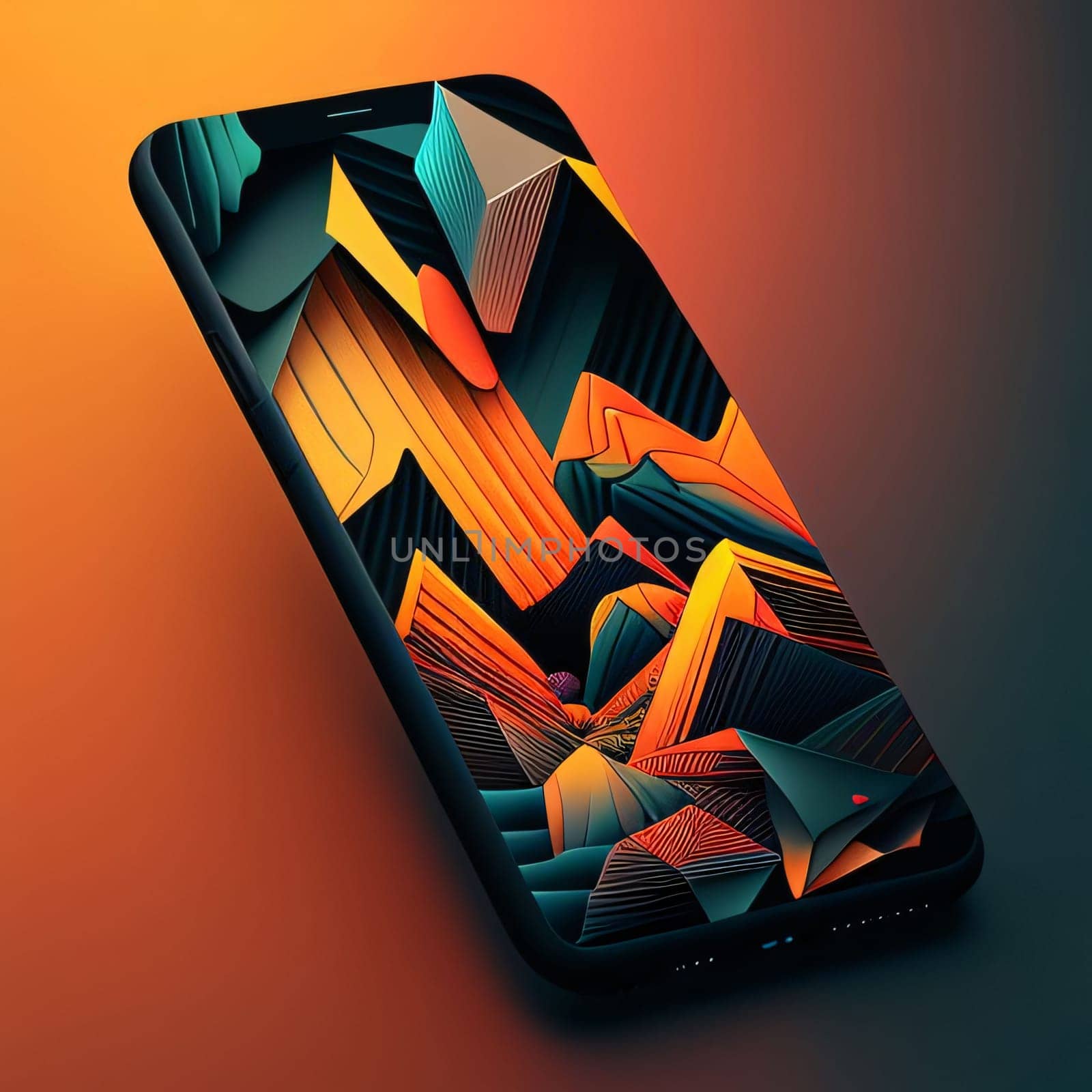 Smartphone screen: Smartphone with colorful abstract geometric background. 3d render illustration.