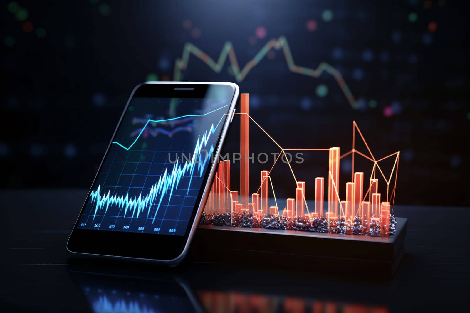 Smartphone screen: Smartphone with stock market chart on blurry background. 3D Rendering