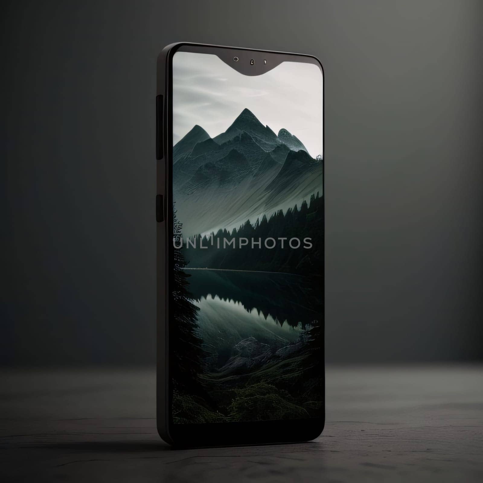 Smartphone screen: Smartphone with mountain view on screen. 3D illustration. Mock up