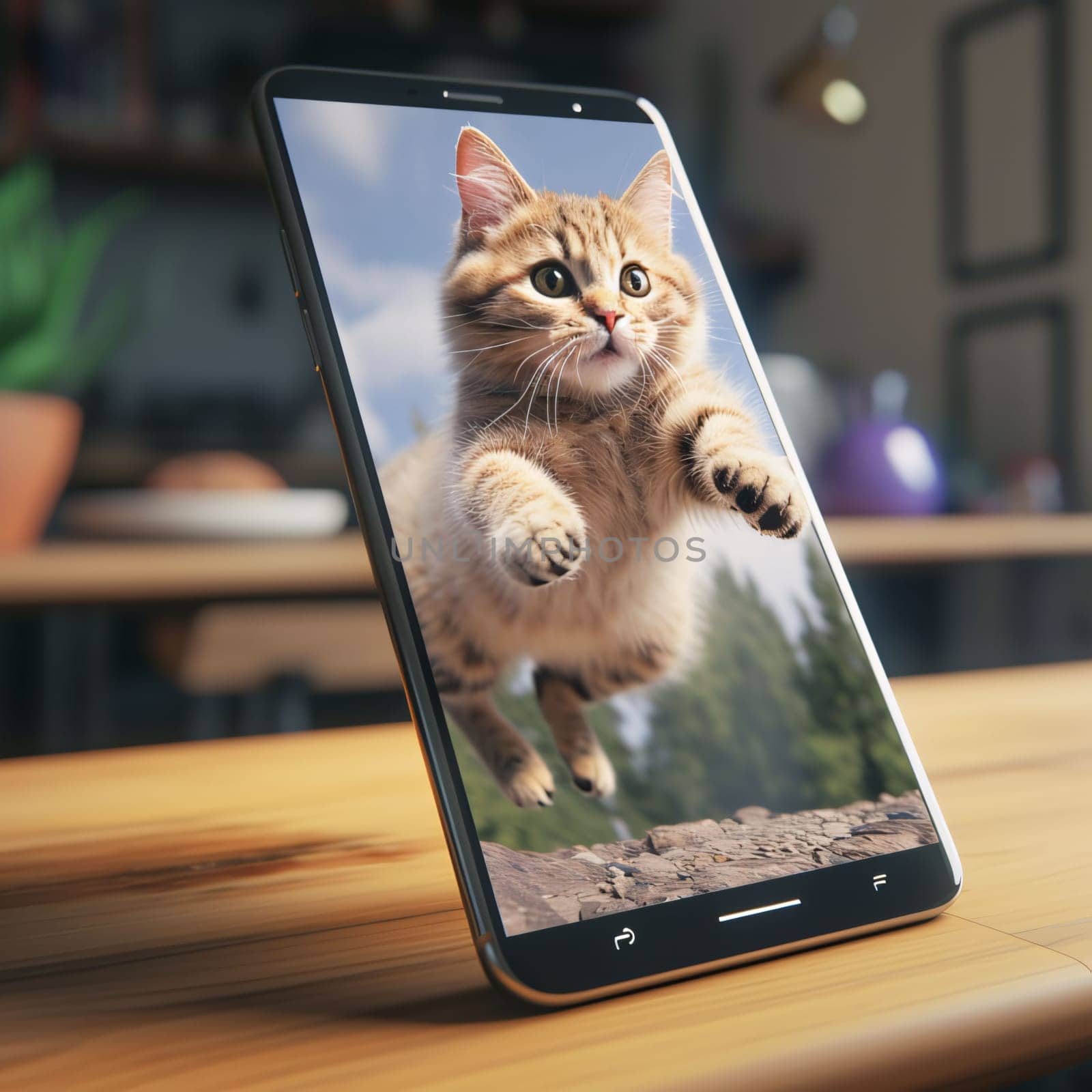 Smartphone screen: Cute cat on smartphone screen. Social media concept. 3D Rendering