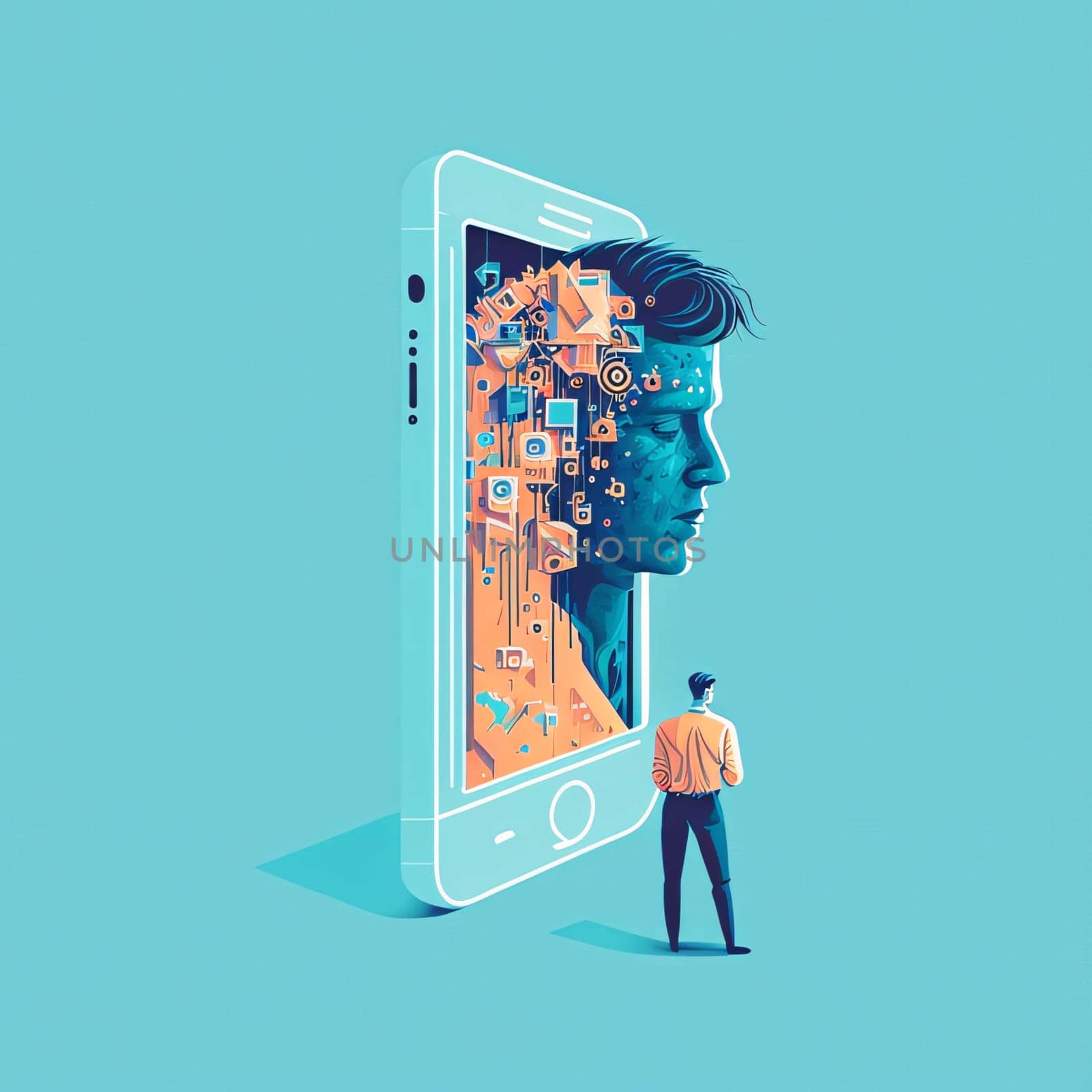 Smartphone screen: Concept of artificial intelligence. A man looks at the smartphone screen.