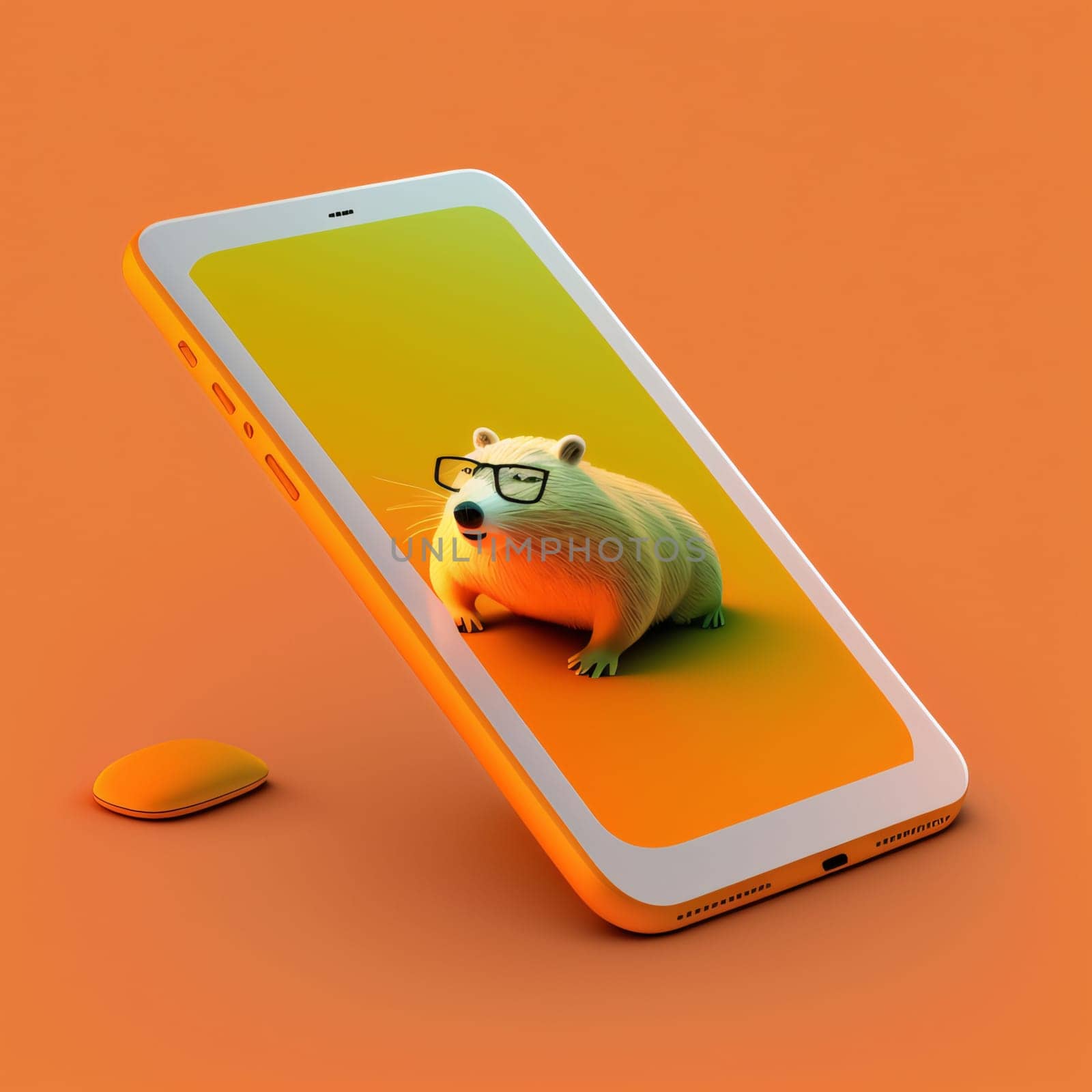 Smartphone screen: 3d rendering of a hamster next to a smartphone on orange background