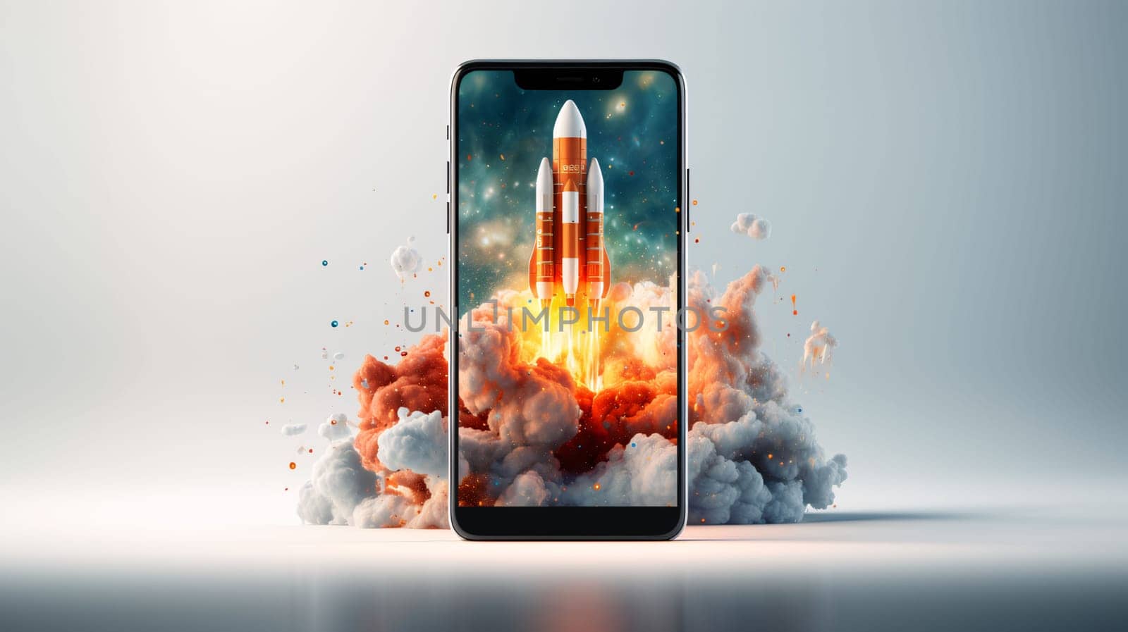 Rocket coming out of a smartphone screen. 3d rendering mock up by ThemesS