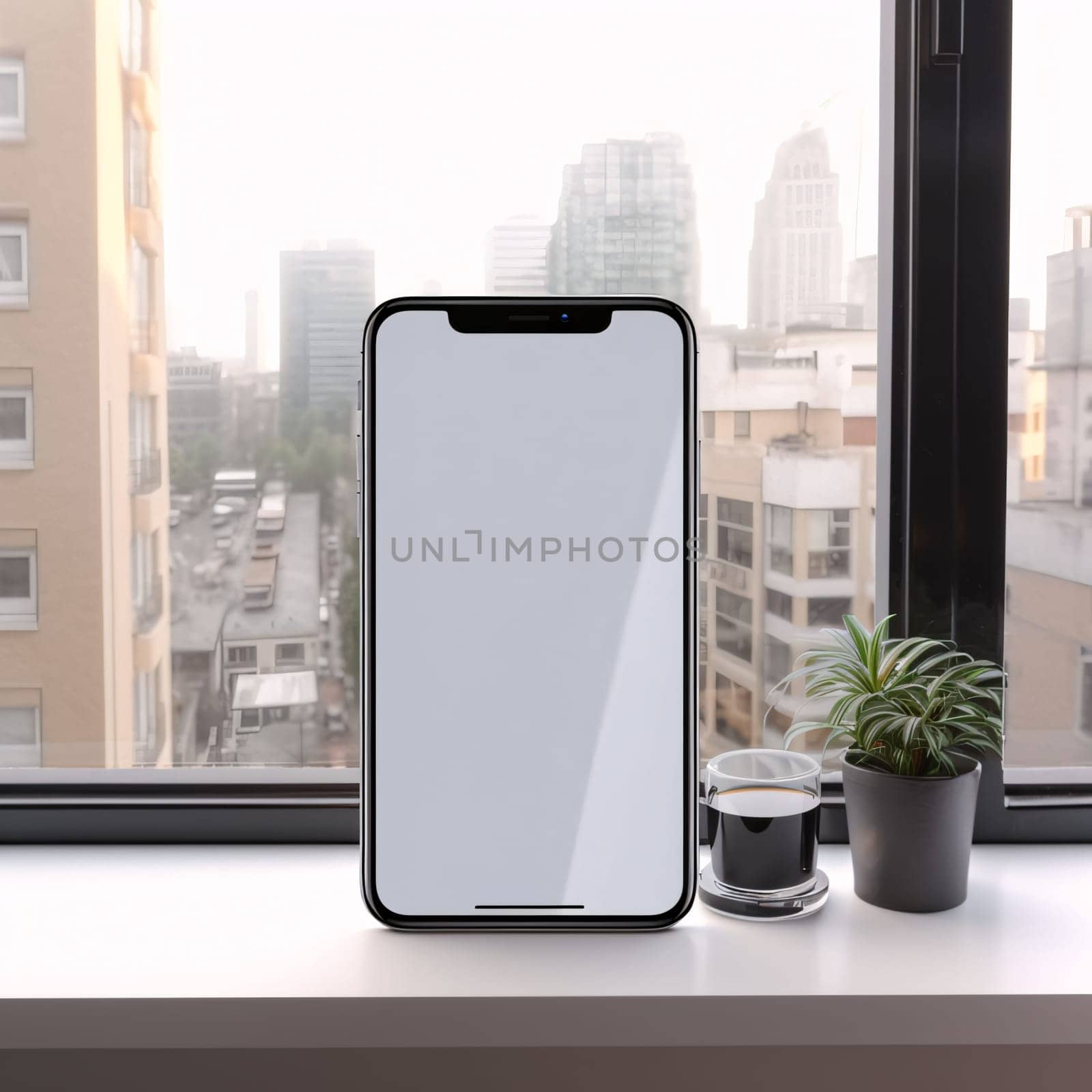 Smartphone screen: Smartphone mockup with blank screen on white table. 3d rendering