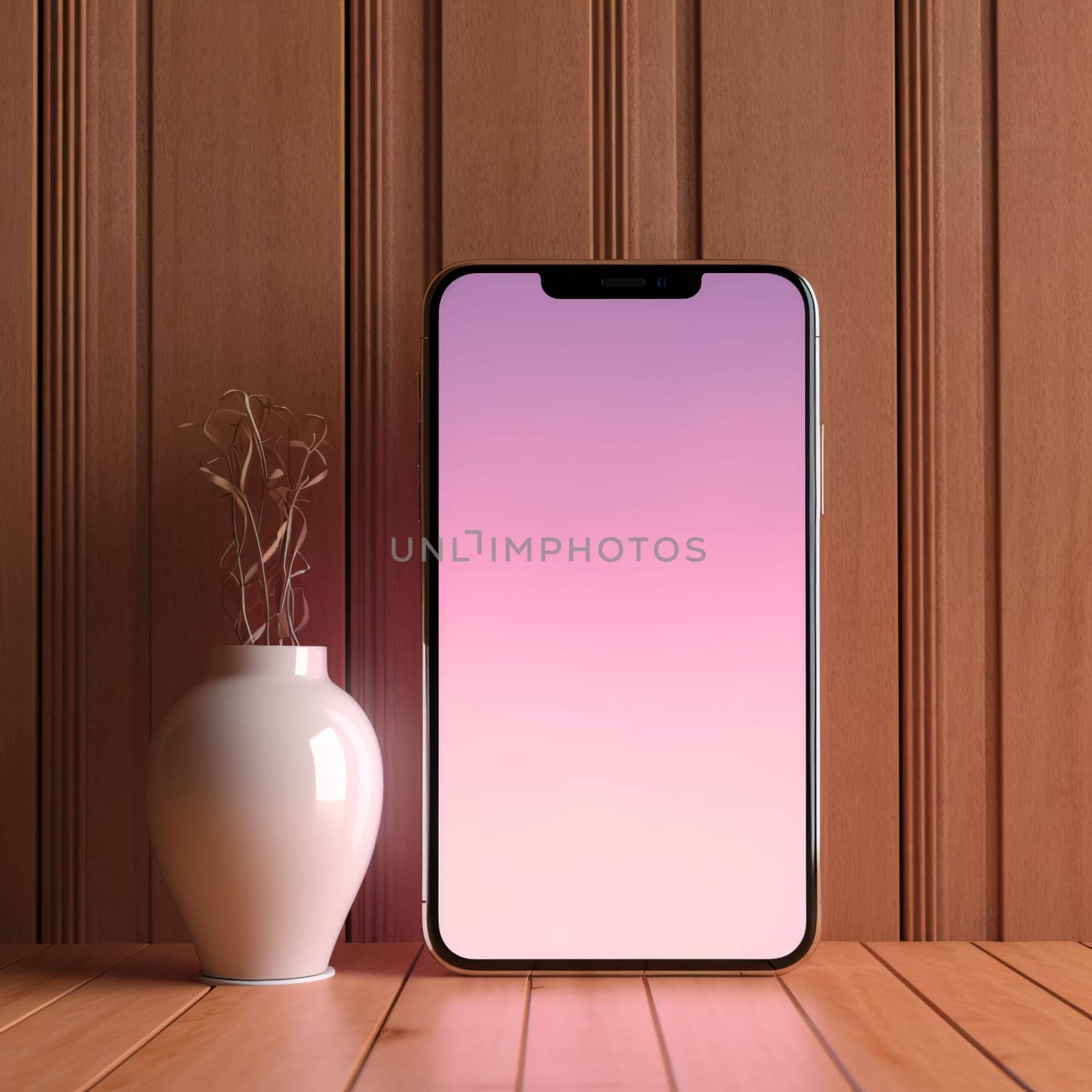 Smartphone screen: Smartphone with pink screen and vase on wooden background. 3D rendering.