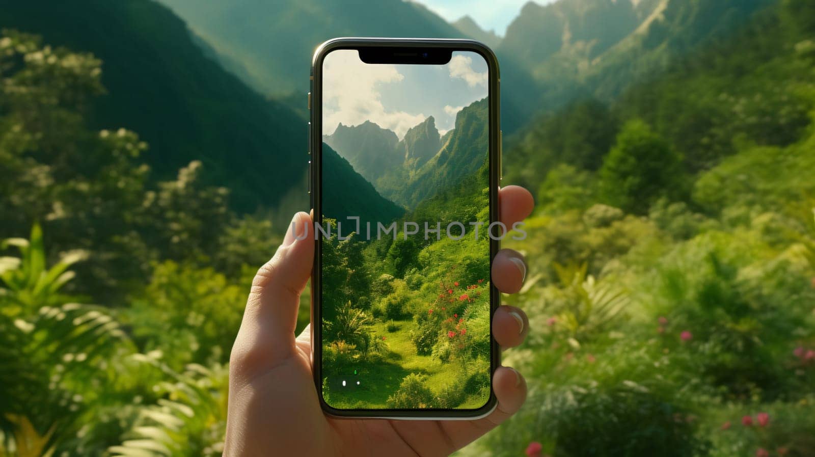 Smartphone screen: Taking photo on smart phone with nature background. Travel and adventure concept.