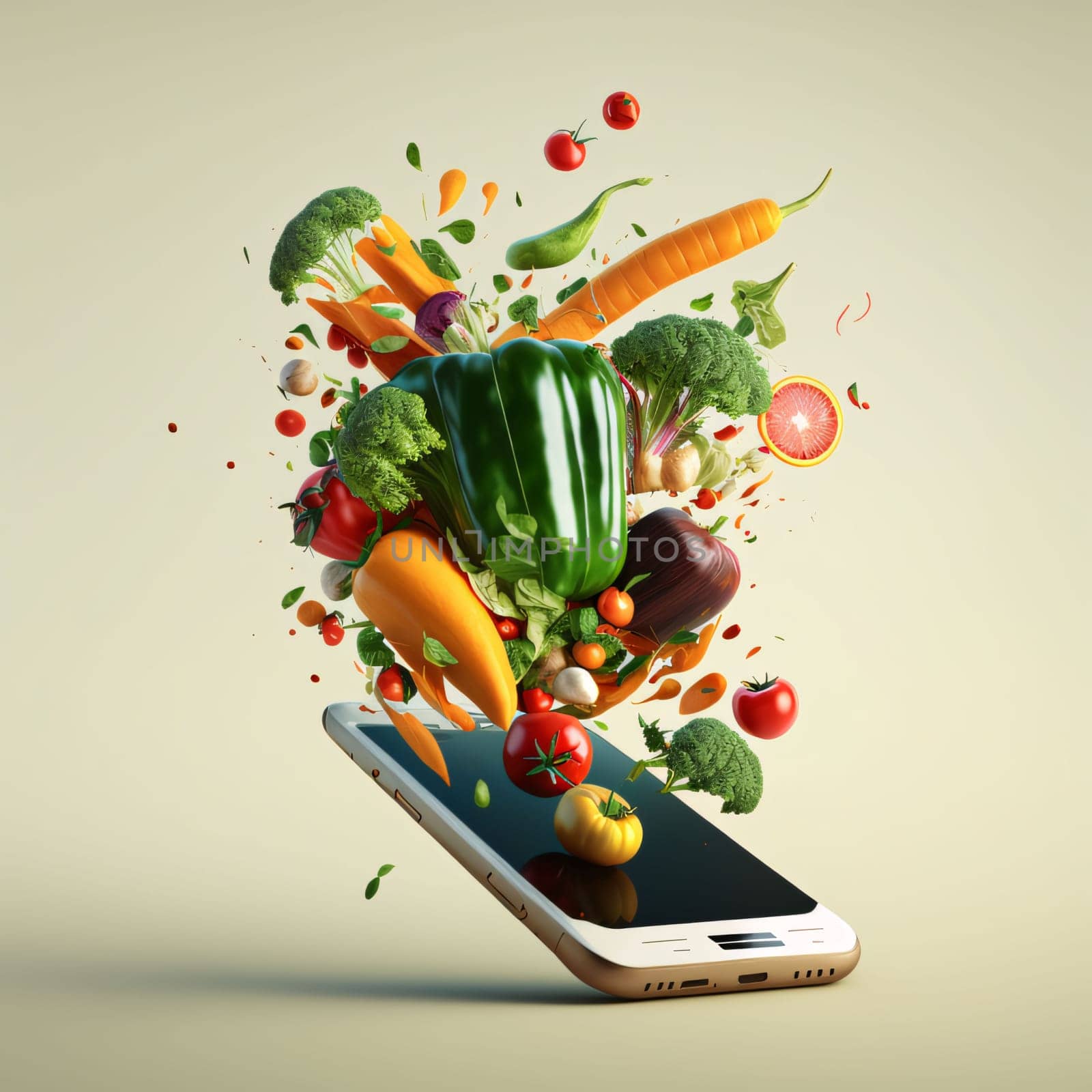 Smartphone screen: Smartphone with vegetables flying out of it. 3d illustration.