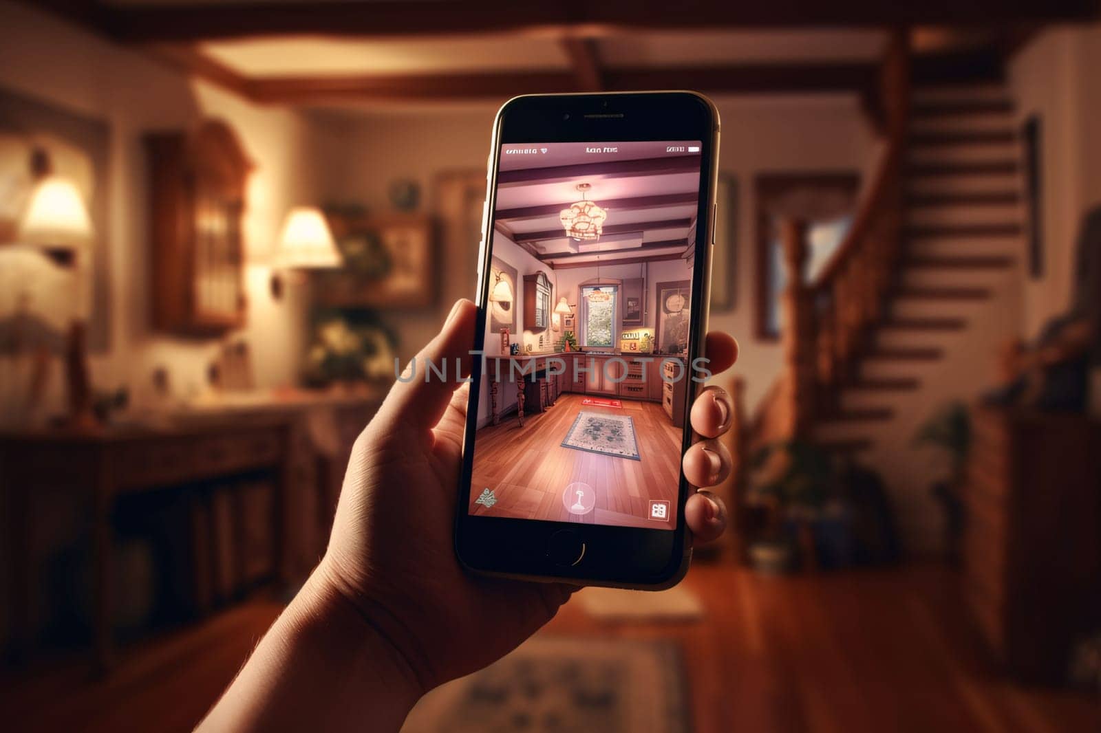 Smartphone screen: Smart phone in hand against room with wooden staircase leading to the living room