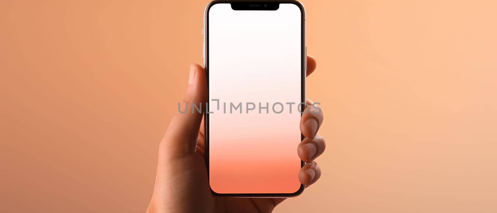 Smartphone screen: female hand holding smartphone with blank screen on orange background. mockup