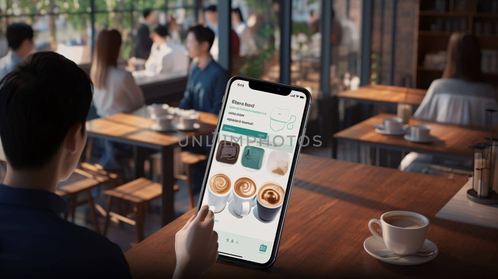 Smartphone screen: Woman using mobile phone with coffee shop app on the screen in cafe