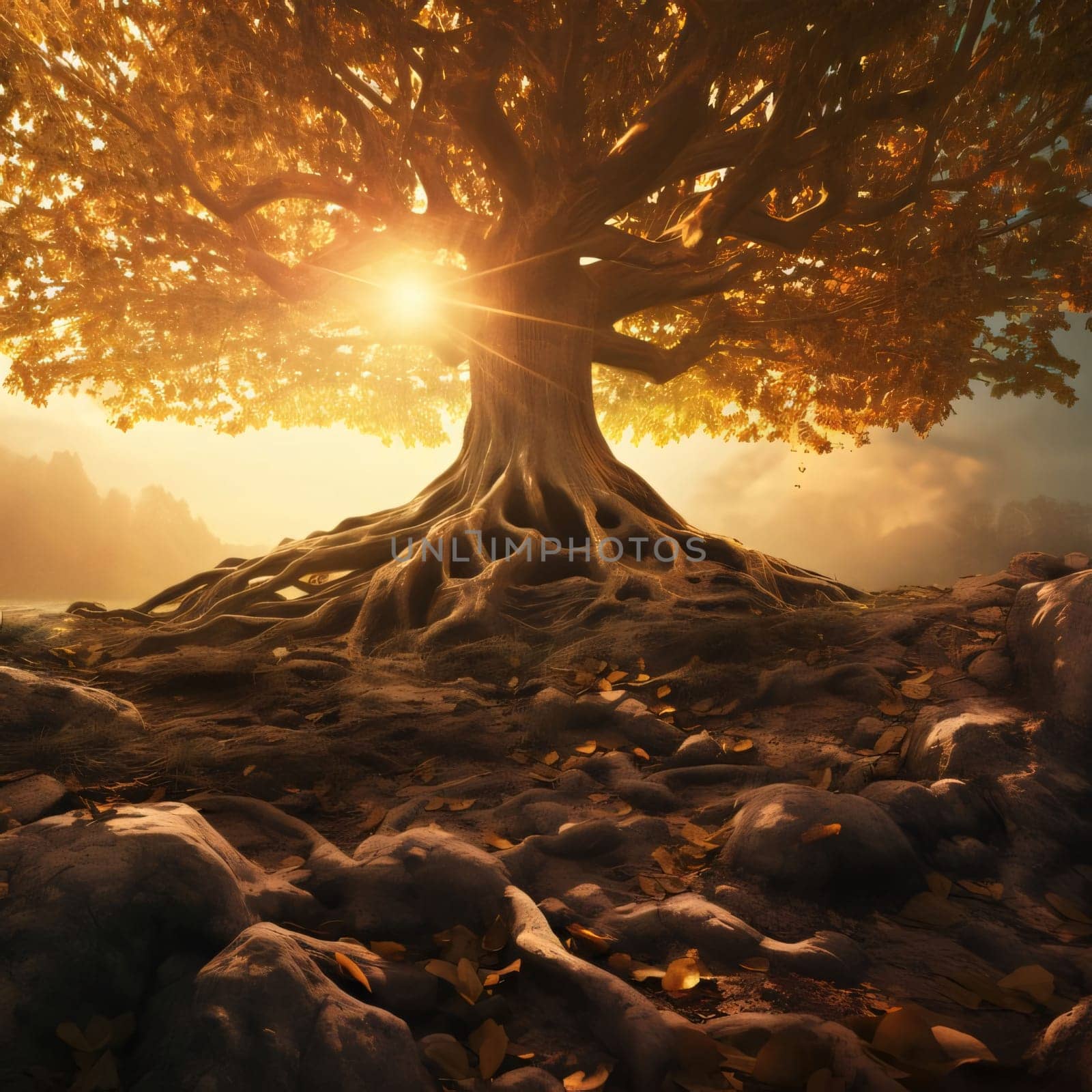 Earth Day: Old oak tree in the autumn forest at sunset. 3D rendering