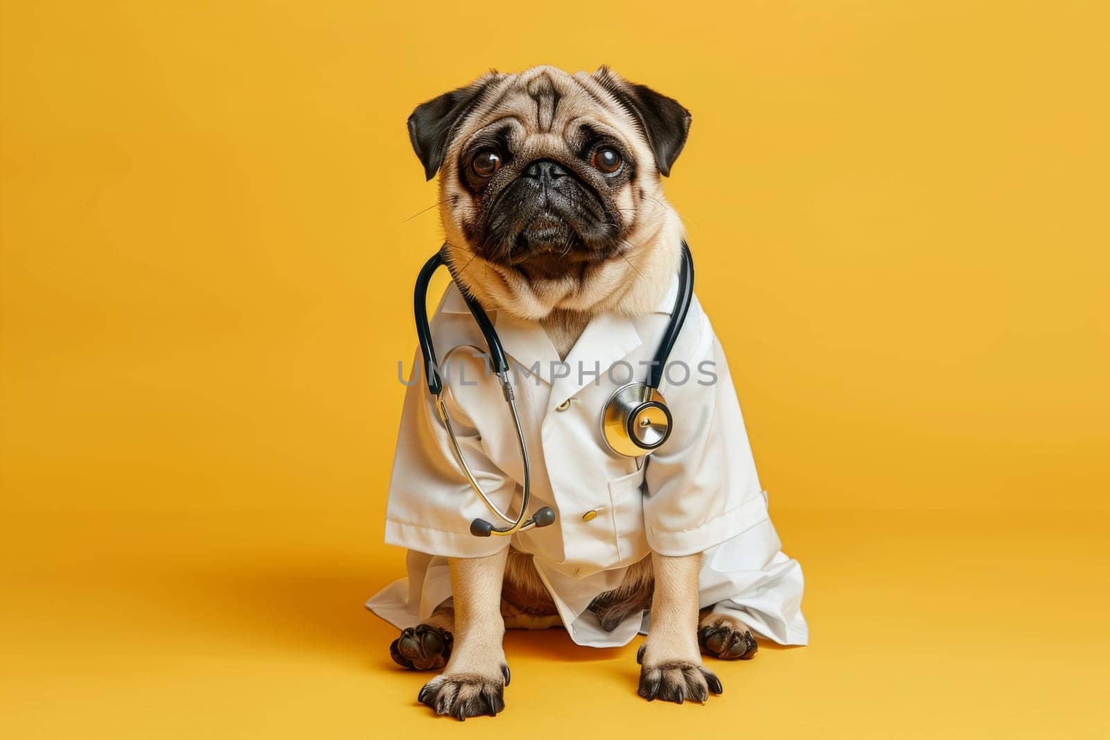 A small dog is wearing a white lab coat and a stethoscope. The dog appears to be a doctor, and the scene is set on a yellow background