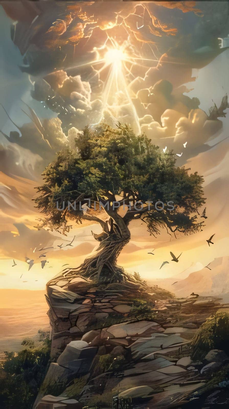 Digital painting of a tree on a cliff with birds flying in the background by ThemesS