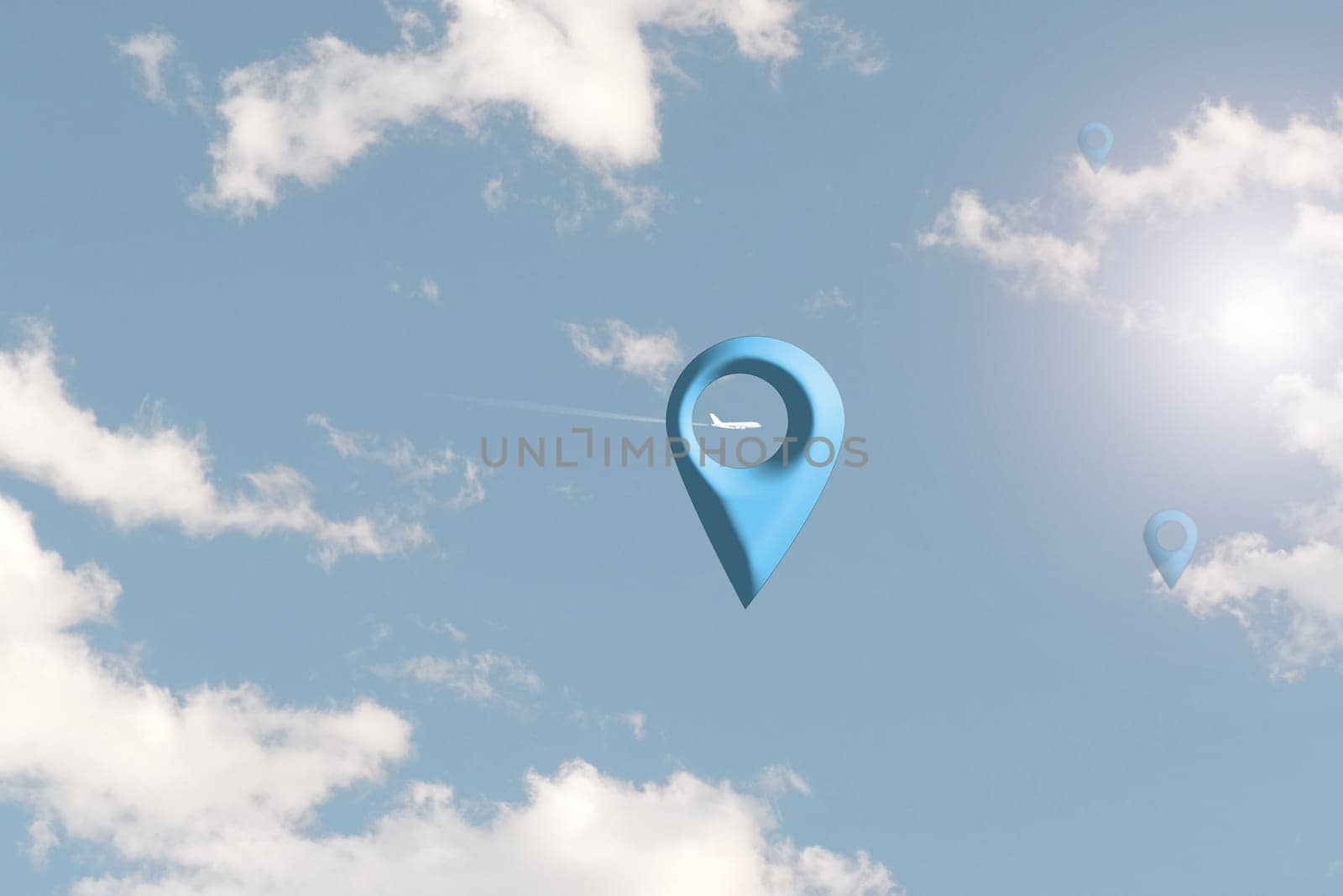 Map pin location 3D button with clouds on blue, map pointer navigation concept