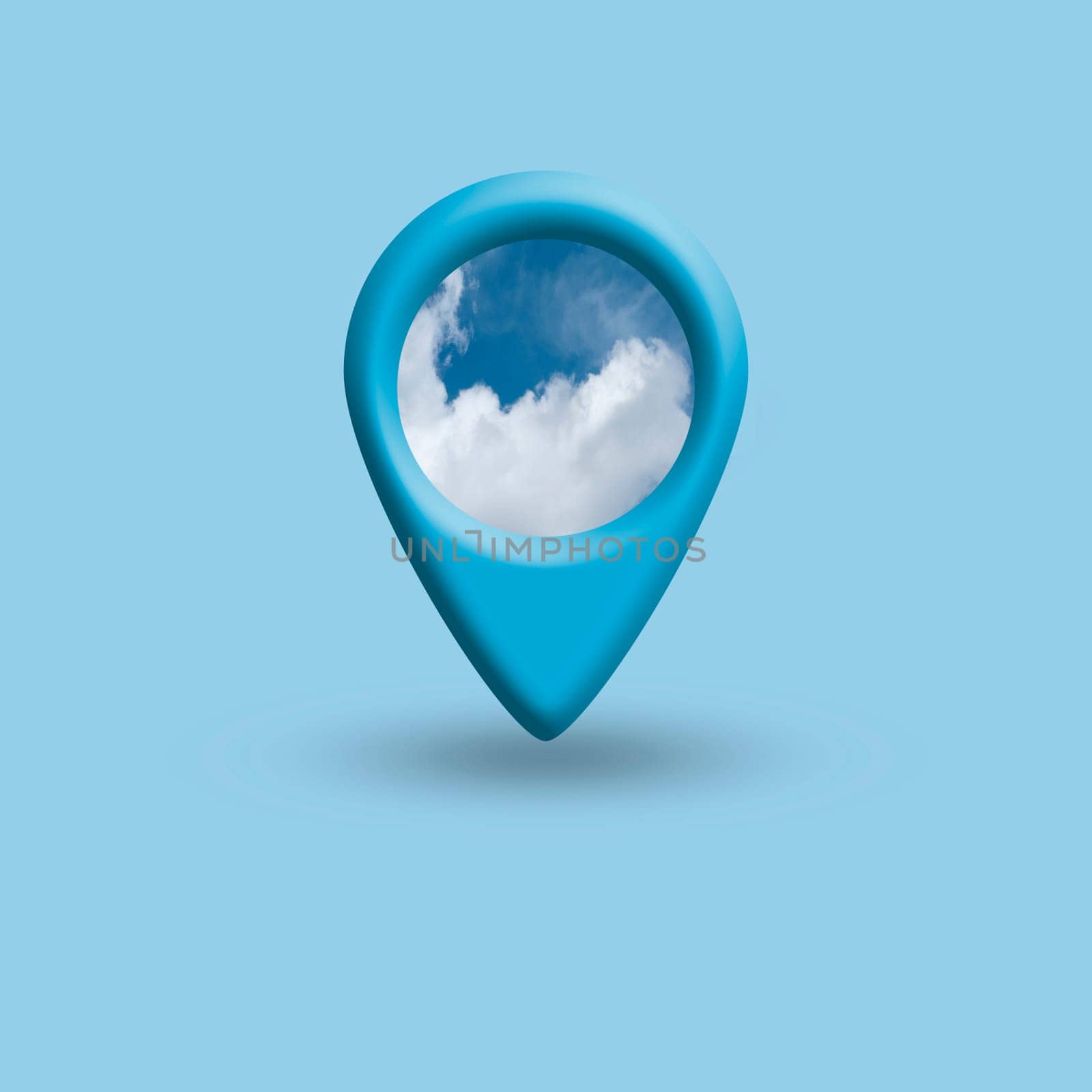 Map pin location button with clouds on blue, map pointer navigation concept by Annavish