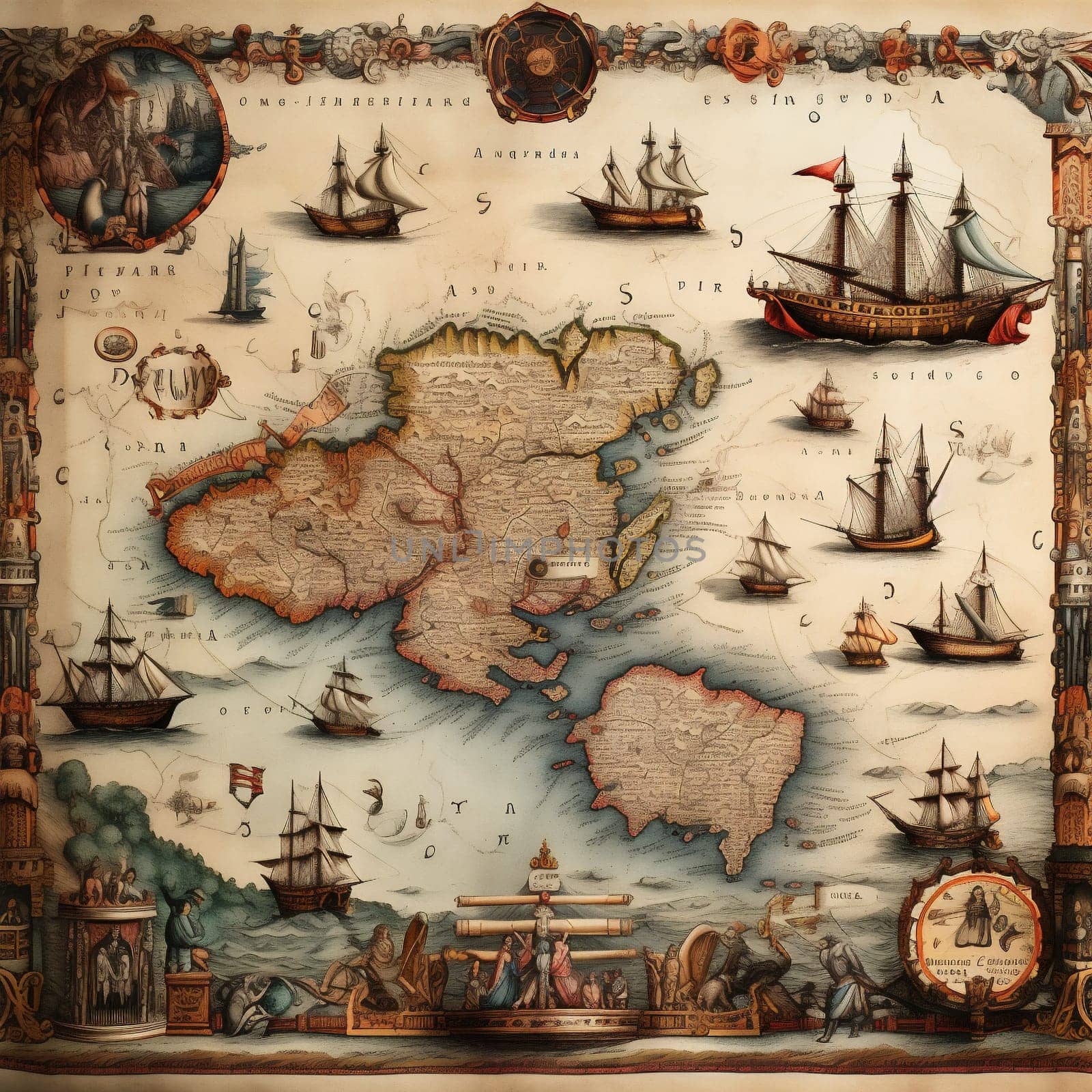 Vintage World Map on an Old Stained Parchment. Antique Old Map with Painted Ships.