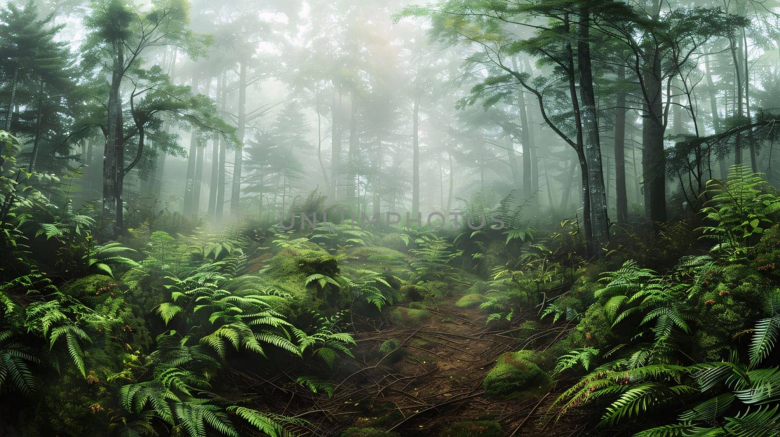 Earth Day: Mysterious forest with fog and sunlight. Fantasy forest with ferns