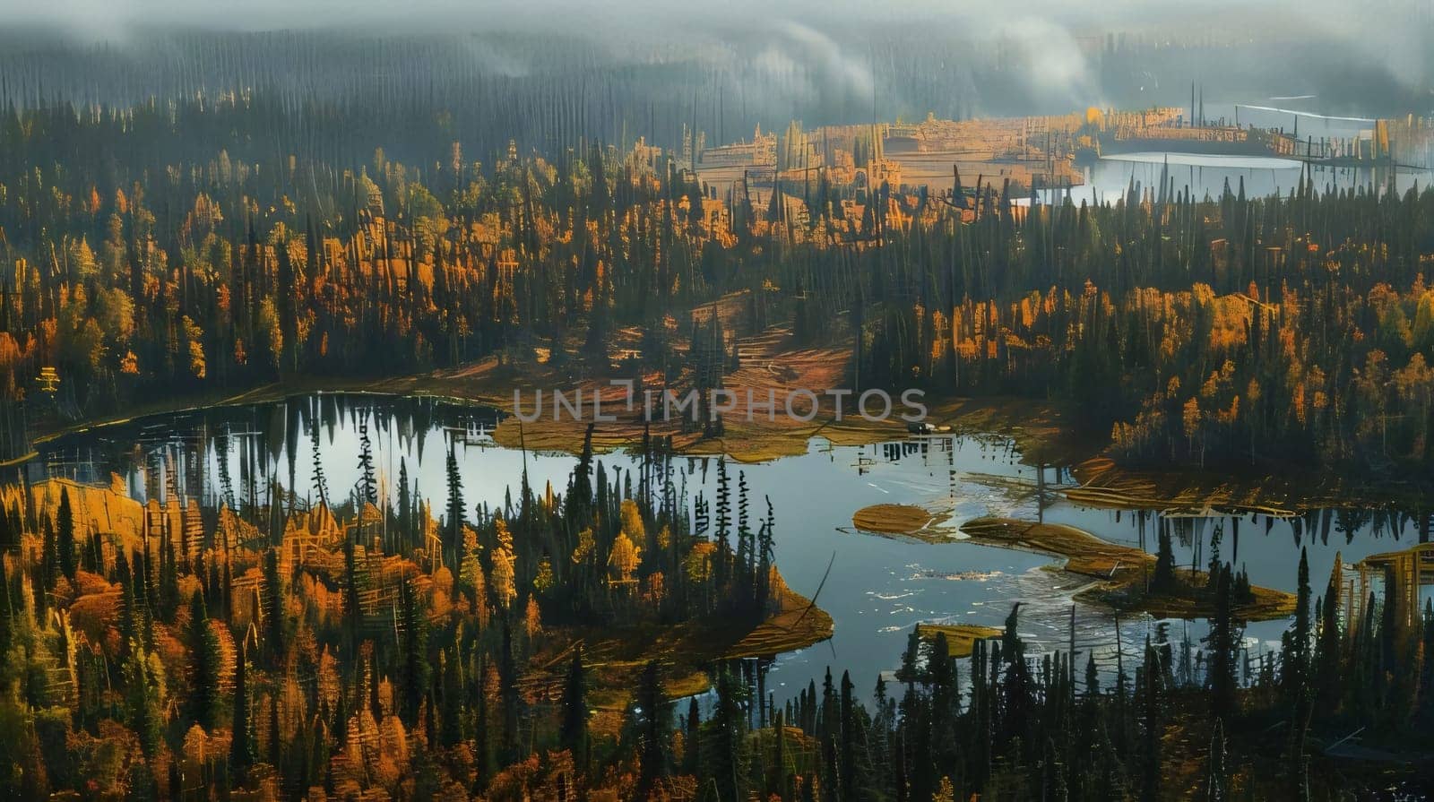 Earth Day: Aerial view of the lake and forest in the morning. Russia