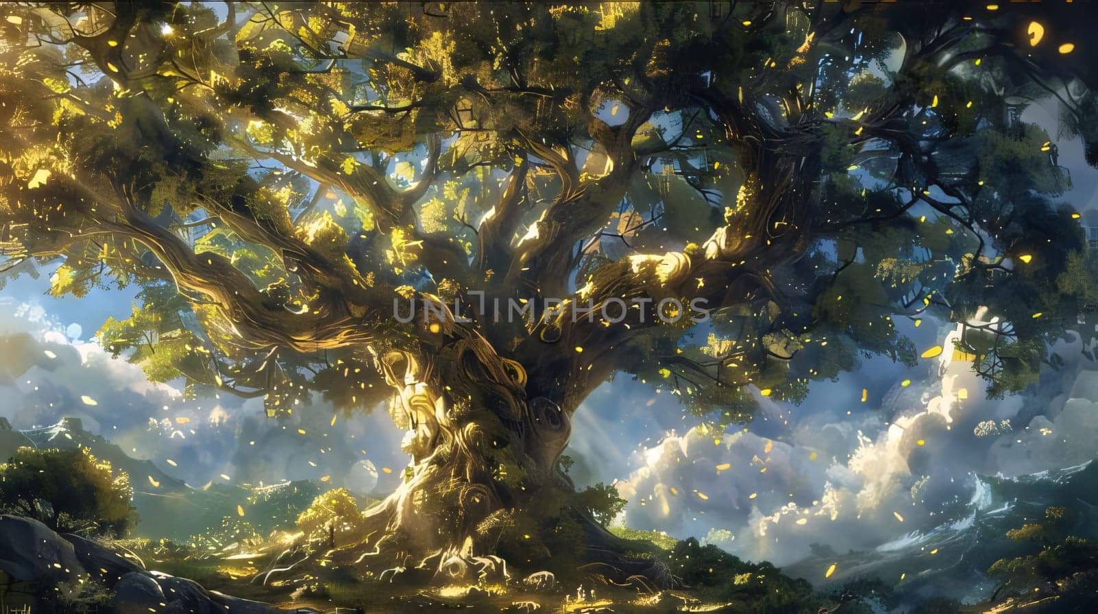 Earth Day: Digital painting of an old oak tree with golden leaves and sun rays