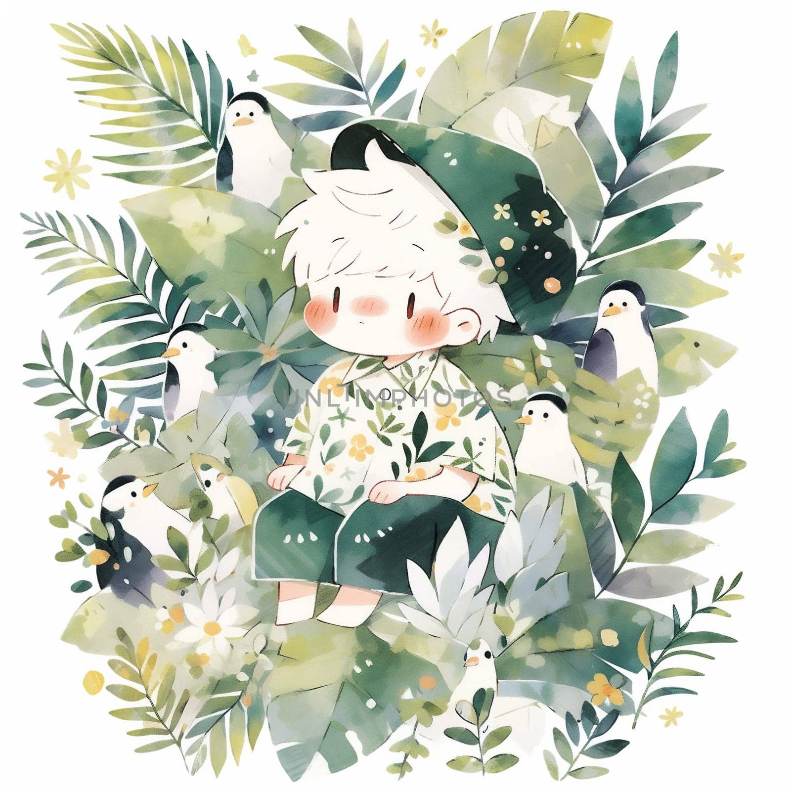 Boy in Watercolor Tropical Leaves Illustration. Art for Summer Design of Beauty Print, Card.